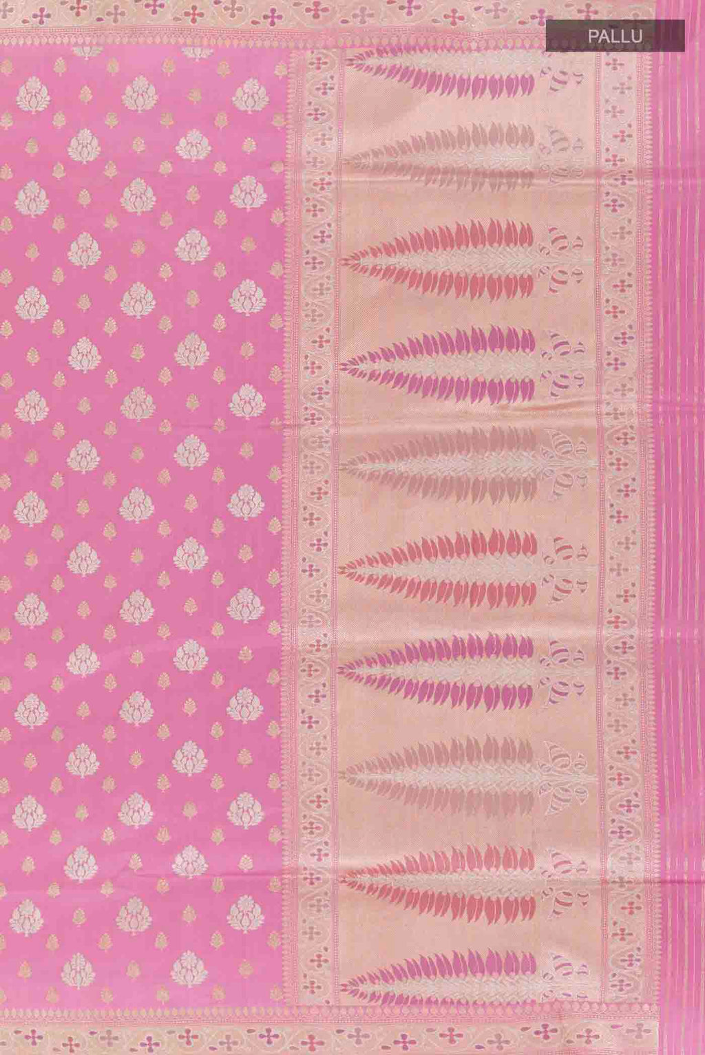 Close up image of the pallu of Pink Banarasi Silk Saree with Zari Brocade on the body and Zari Border