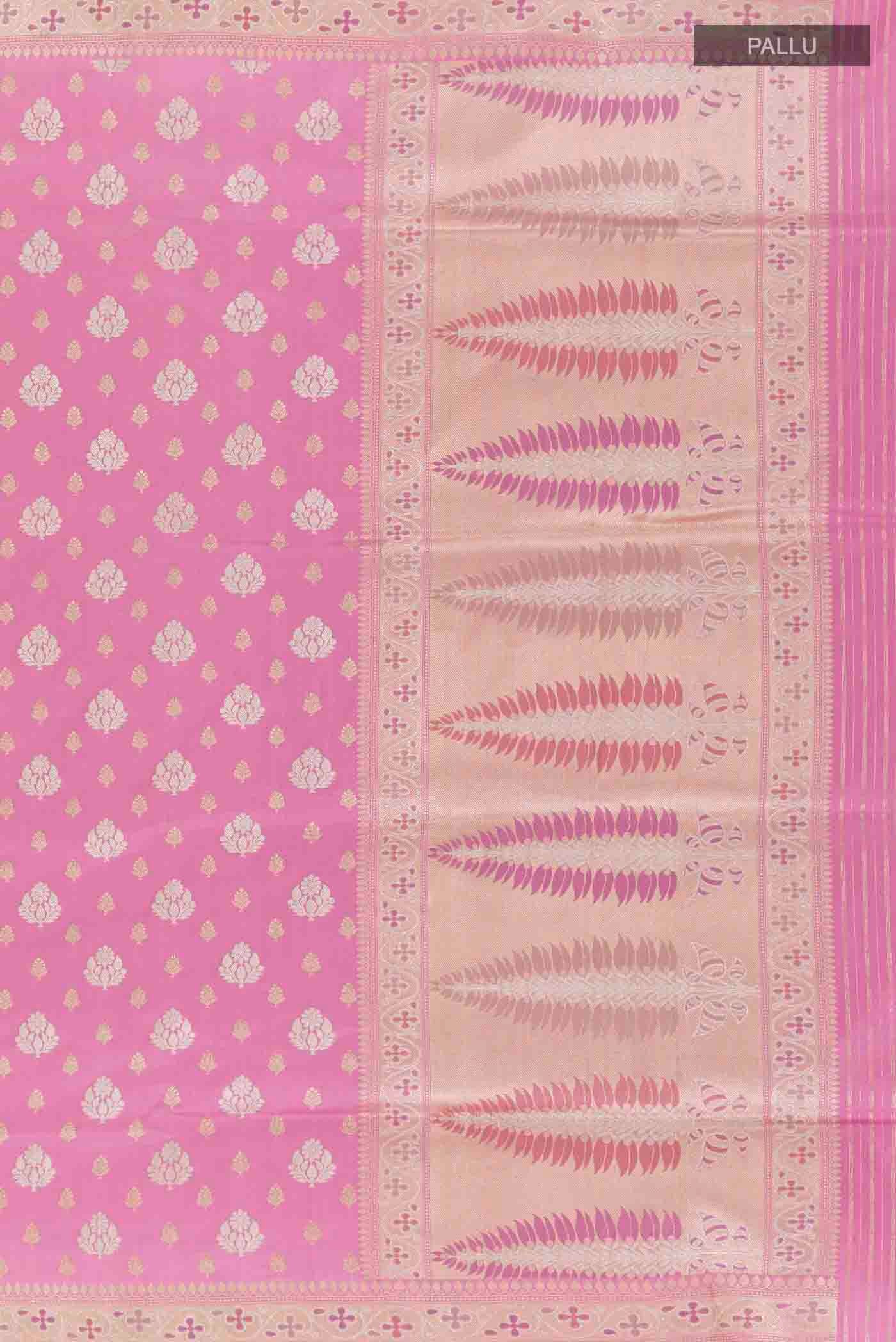 Close up image of the pallu of Pink Banarasi Silk Saree with Zari Brocade on the body and Zari Border