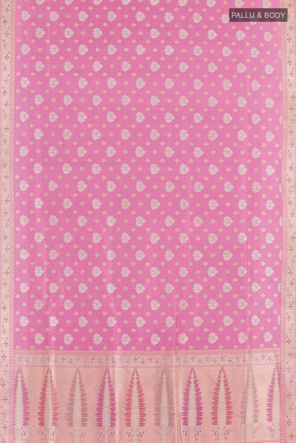 Flat view of Pink Banarasi Silk Saree with Zari Brocade on the body and Zari Border