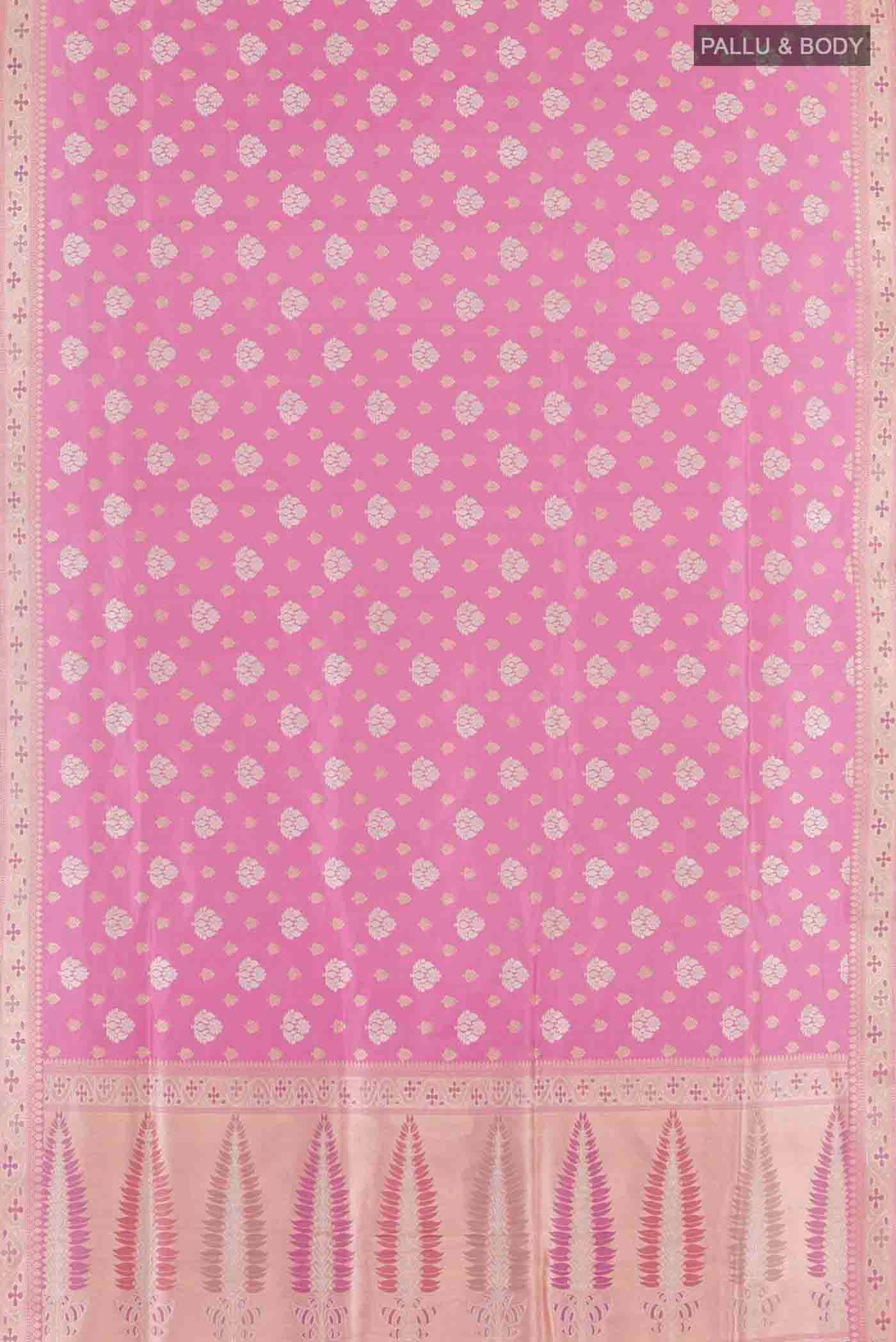 Flat view of Pink Banarasi Silk Saree with Zari Brocade on the body and Zari Border
