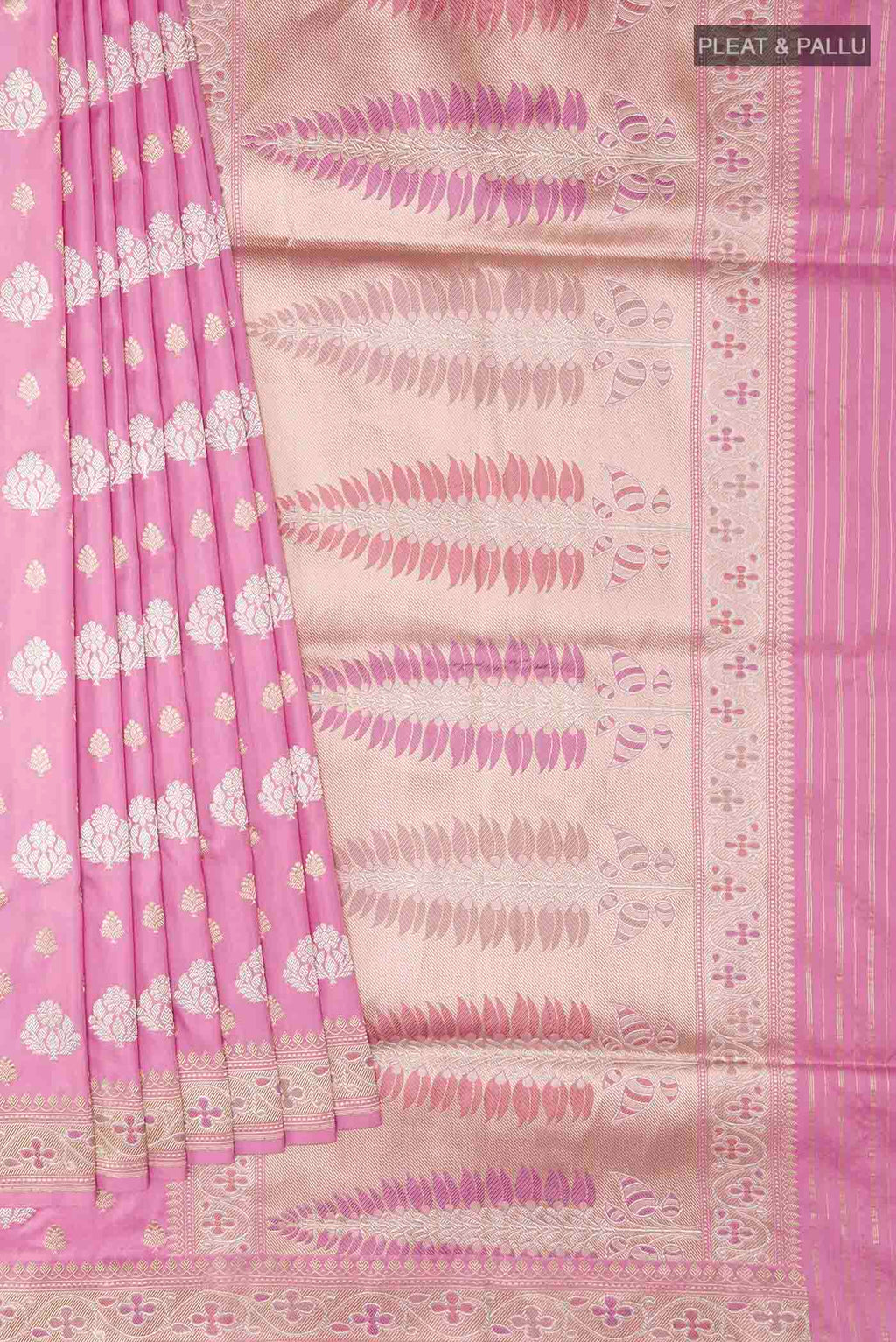 Pleats and pallu of Pink Banarasi Silk Saree with Zari Brocade on the body and Zari Border