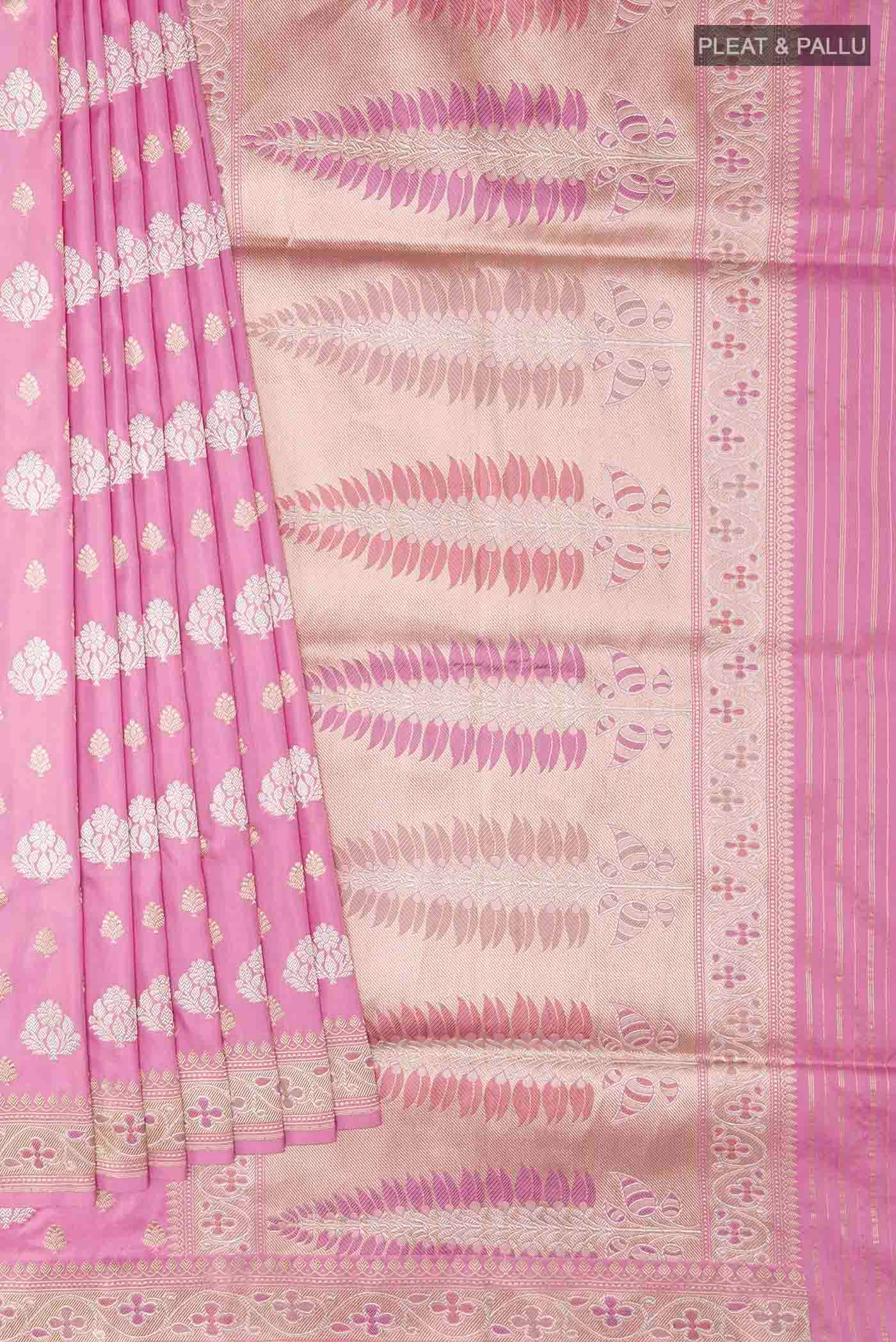 Pleats and pallu of Pink Banarasi Silk Saree with Zari Brocade on the body and Zari Border