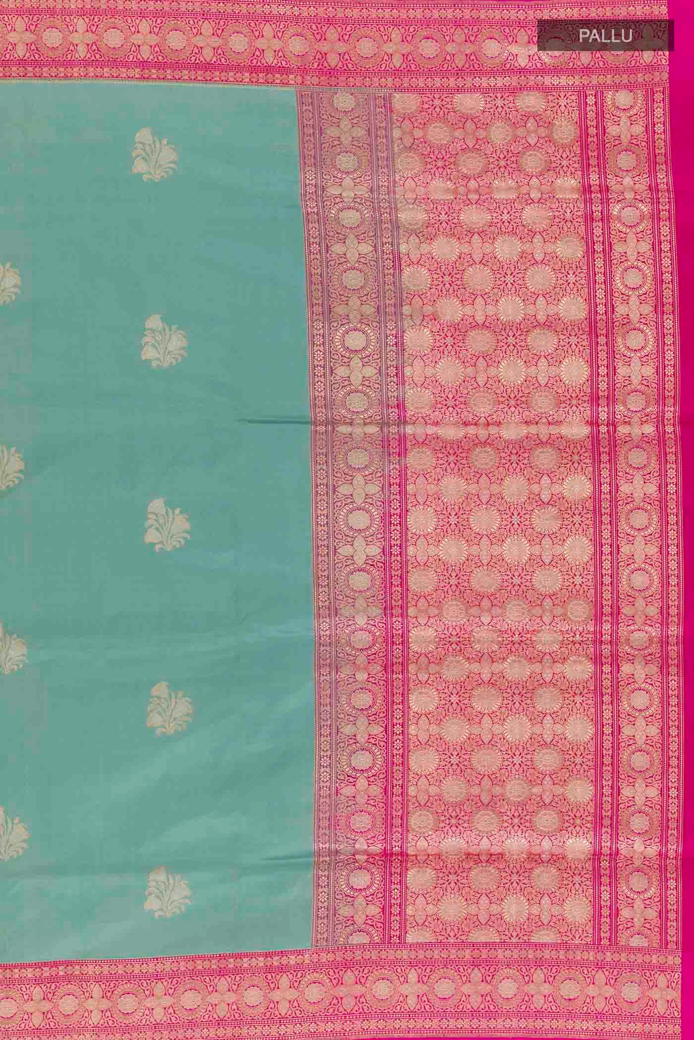 Close up image of the pallu of Blue Grey Banarasi Silk Saree with Zari Butta on the body and Zari Border