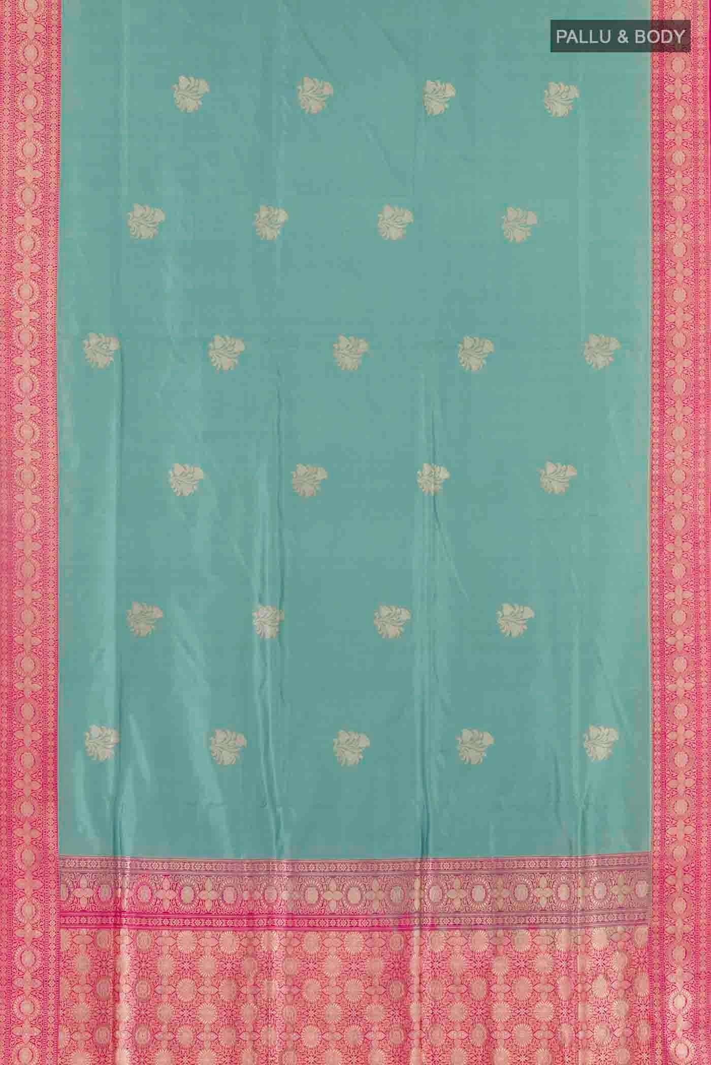Flat view of Blue Grey Banarasi Silk Saree with Zari Butta on the body and Zari Border
