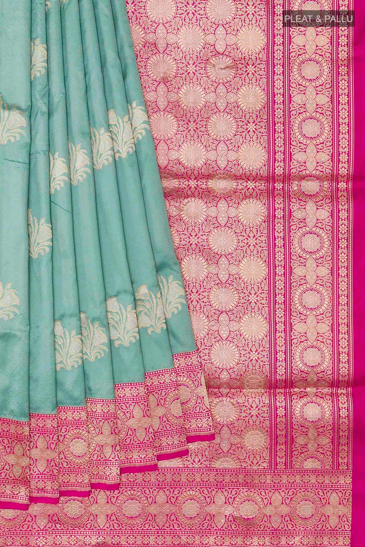 Pleats and pallu of Blue Grey Banarasi Silk Saree with Zari Butta on the body and Zari Border