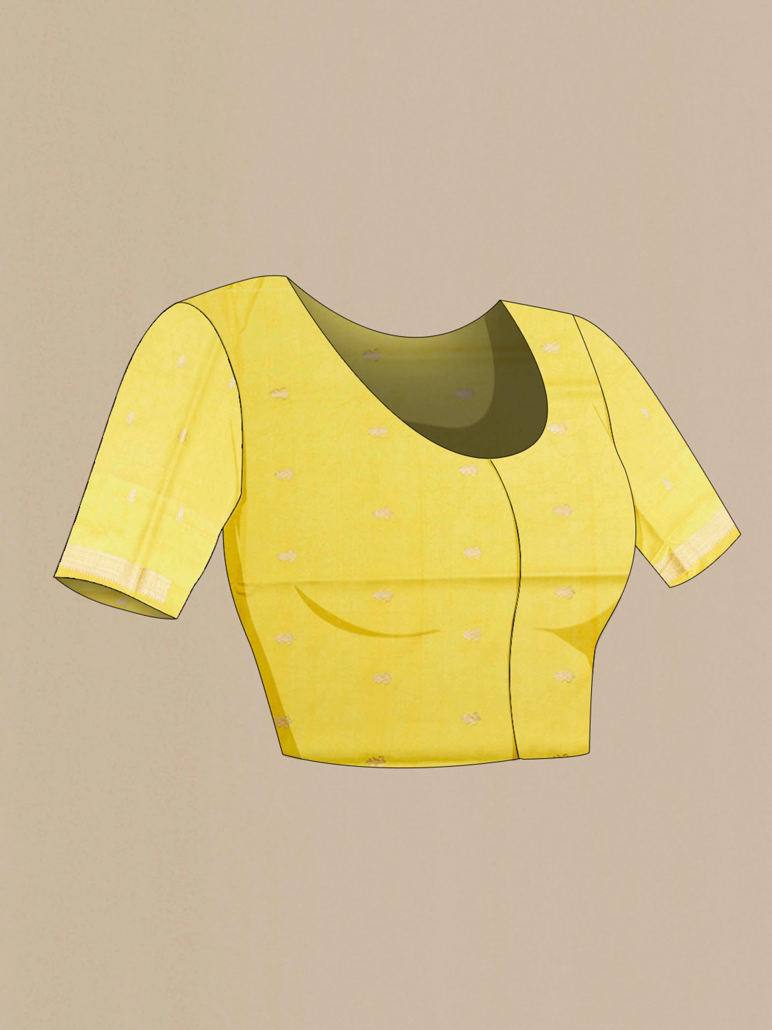 Close up image of the blouse of Yellow Banarasi Kora Silk Saree with Zari Butta on the body and Zari Border