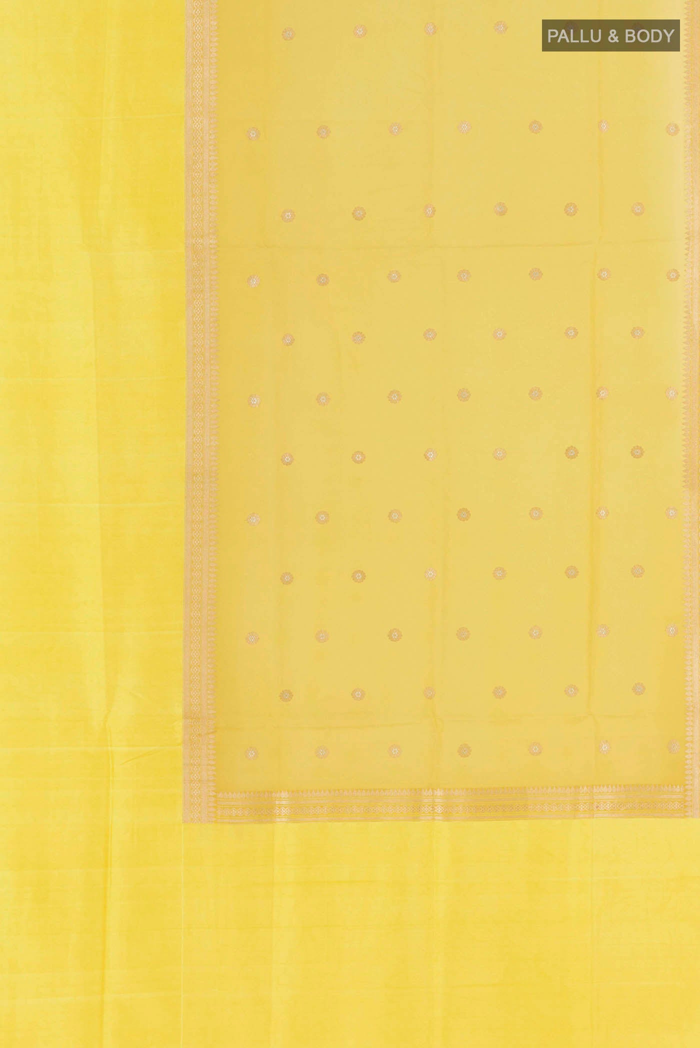Flat view of Yellow Banarasi Kora Silk Saree with Zari Butta on the body and Zari Border