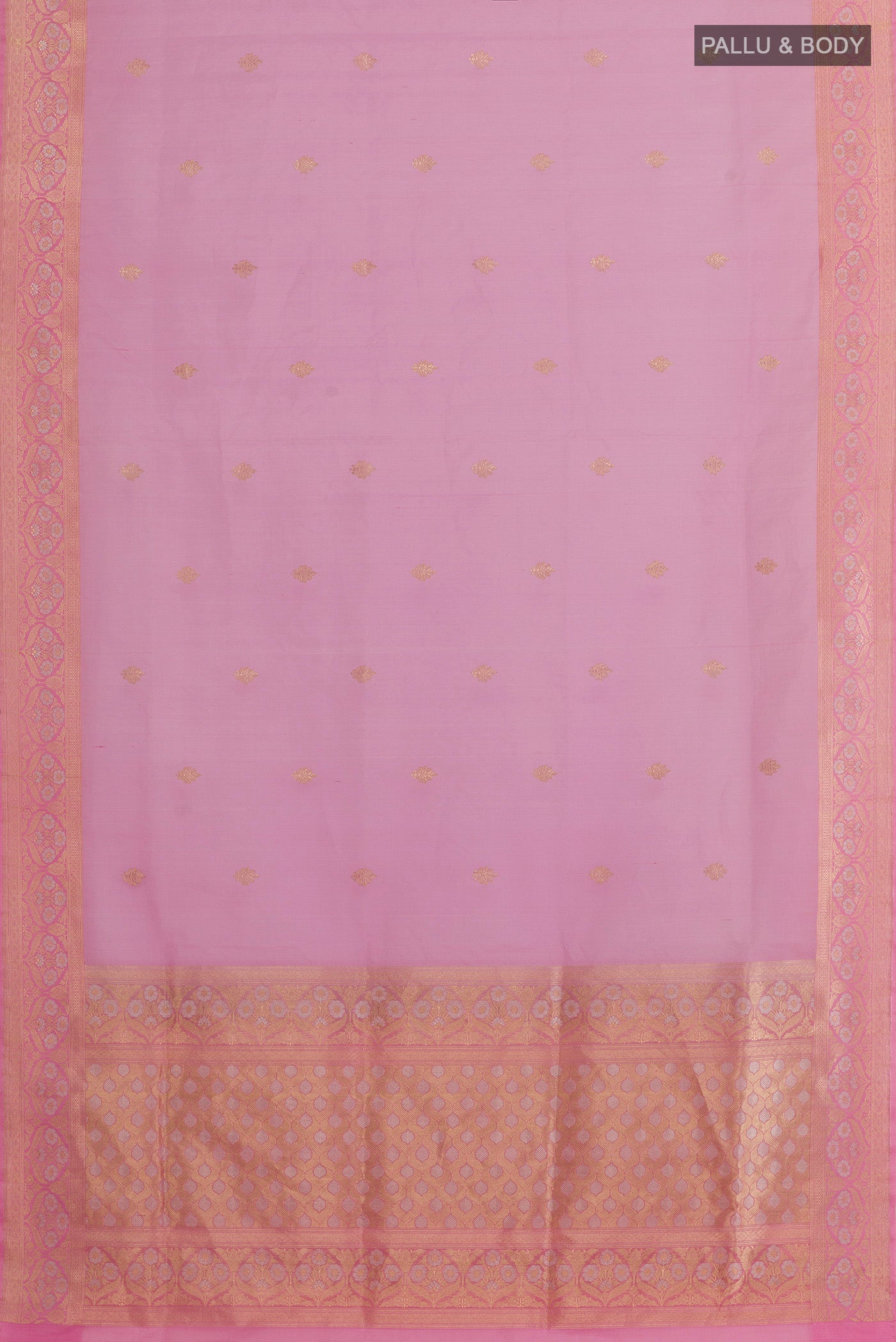 Flat view of Lavender Banarasi Kora Silk Saree with Zari Butta on the body and Zari Border. 