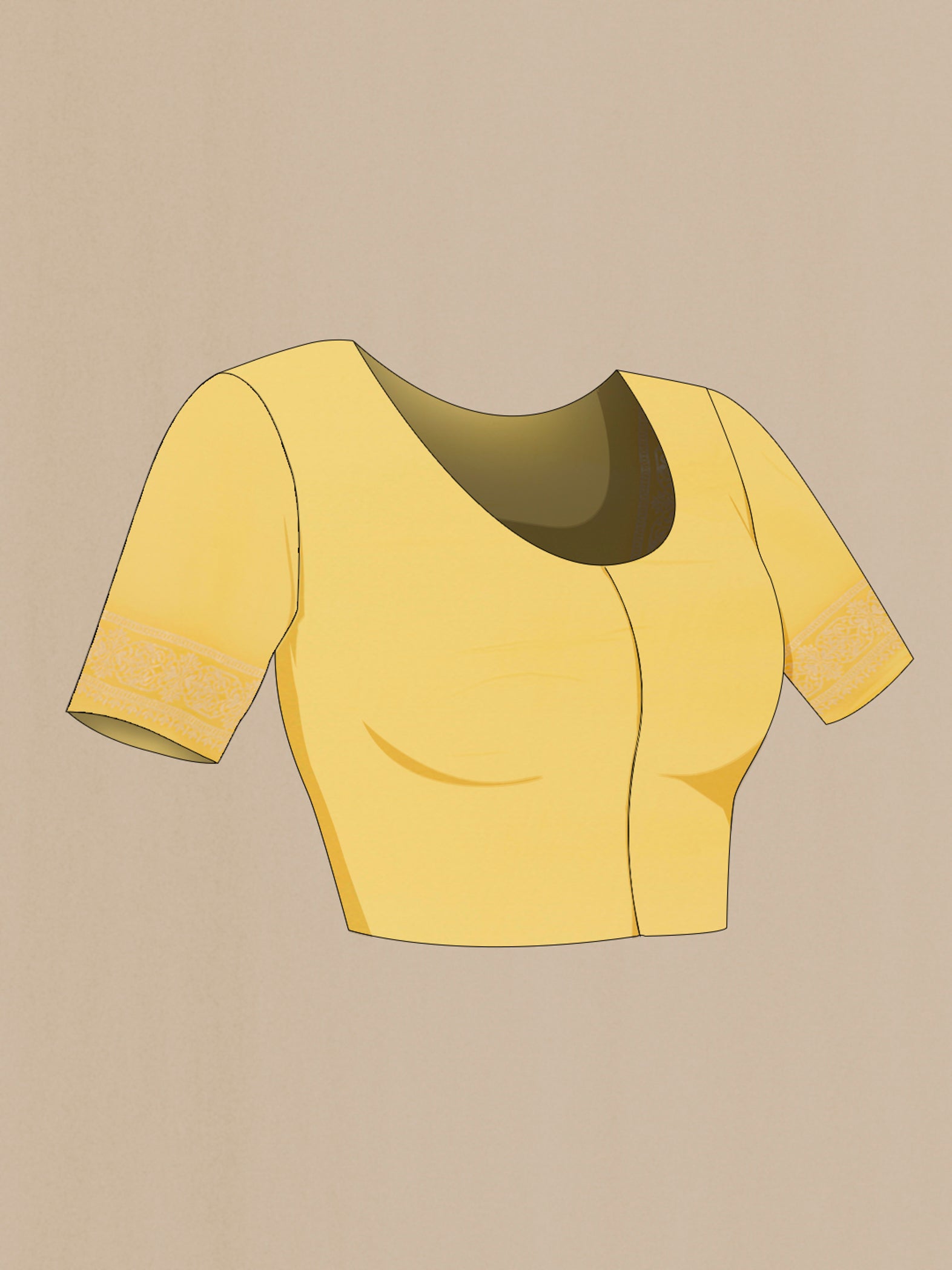 Close up image of the blouse of Yellow Chiffon Saree with Zari Butta on the body and Zari Border. 