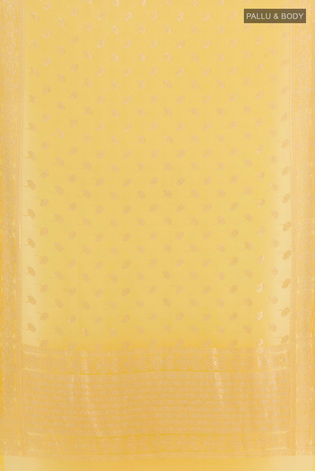 Flat view of Yellow Chiffon Saree with Zari Butta on the body and Zari Border. 