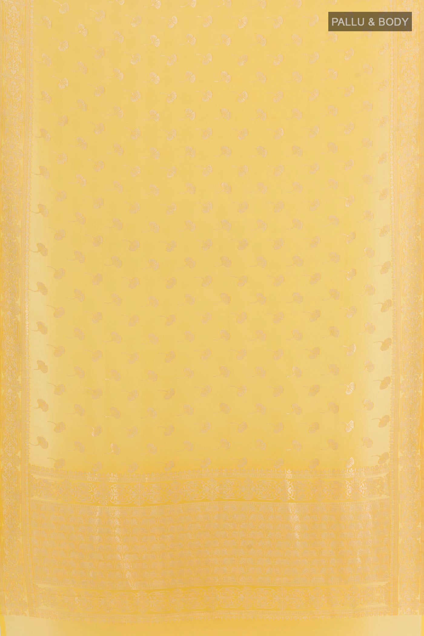 Flat view of Yellow Chiffon Saree with Zari Butta on the body and Zari Border. 