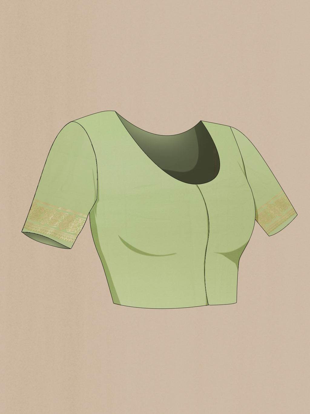 Close up image of the blouse of Green Chiffon Saree with Zari Butta on the body and Zari Border. 