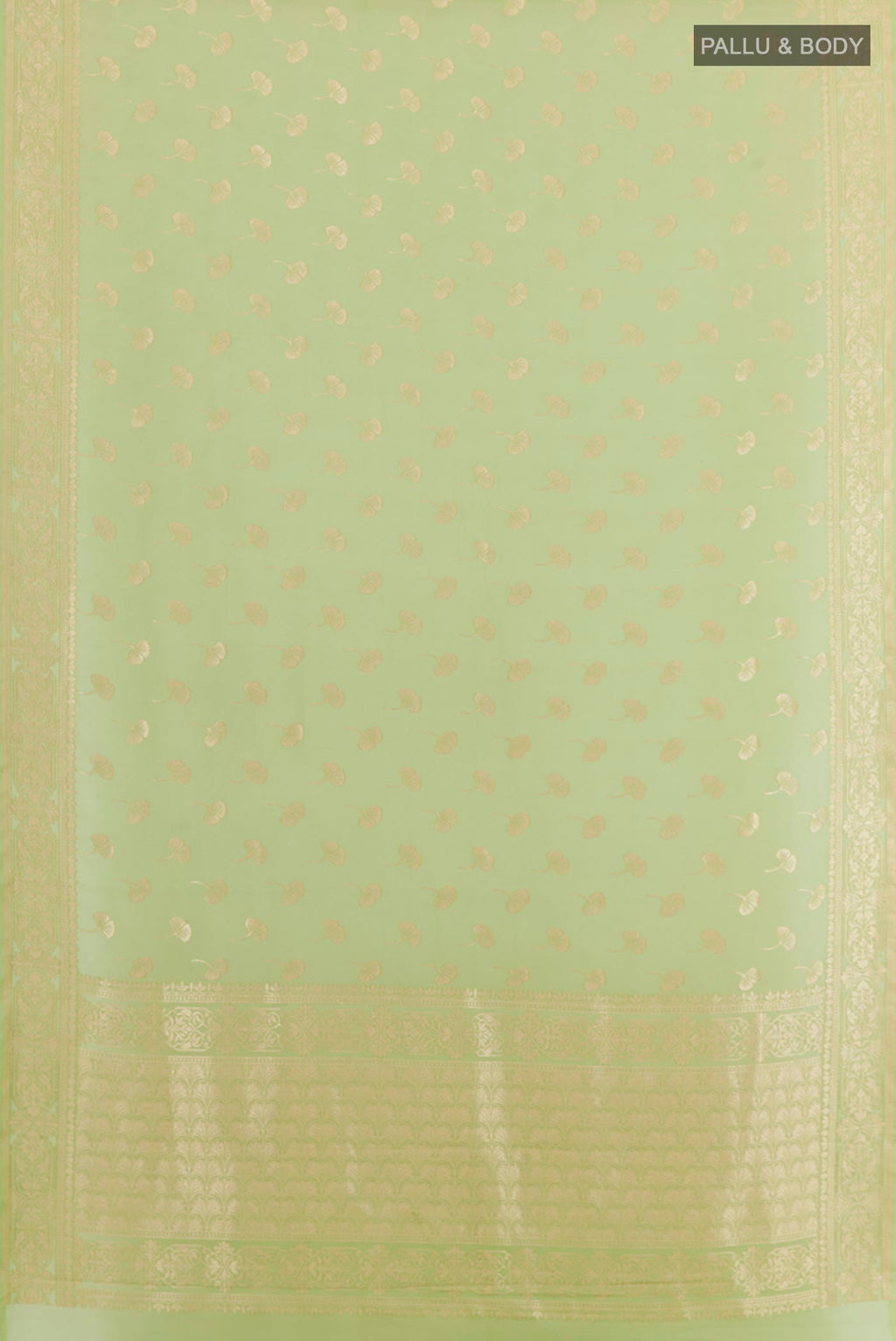 Flat view of Green Chiffon Saree with Zari Butta on the body and Zari Border. 