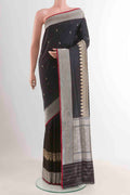 Black Banarasi Silk Saree with Zari Butta on the body and Zari Border displayed on a mannequin