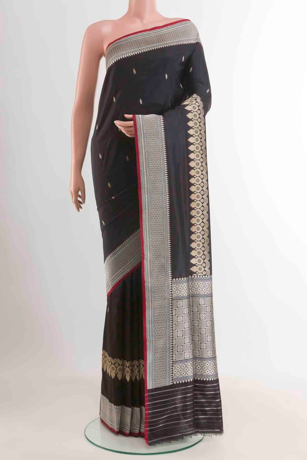 Black Banarasi Silk Saree with Zari Butta on the body and Zari Border displayed on a mannequin