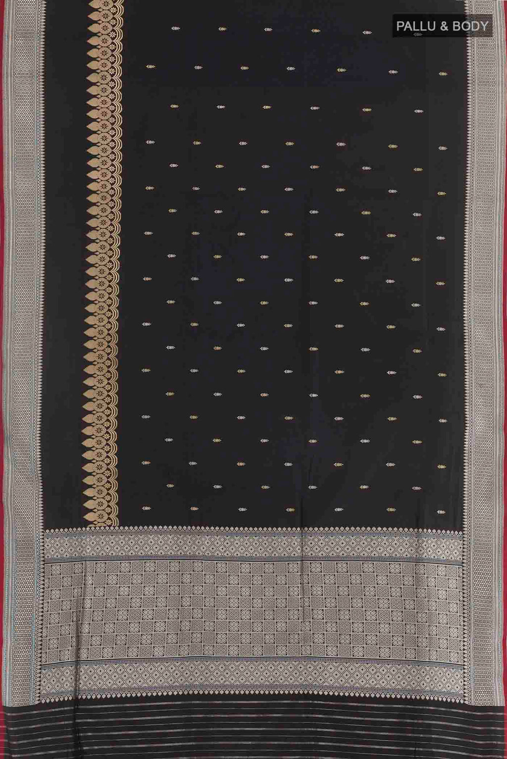 Flat view of Black Banarasi Silk Saree with Zari Butta on the body and Zari Border