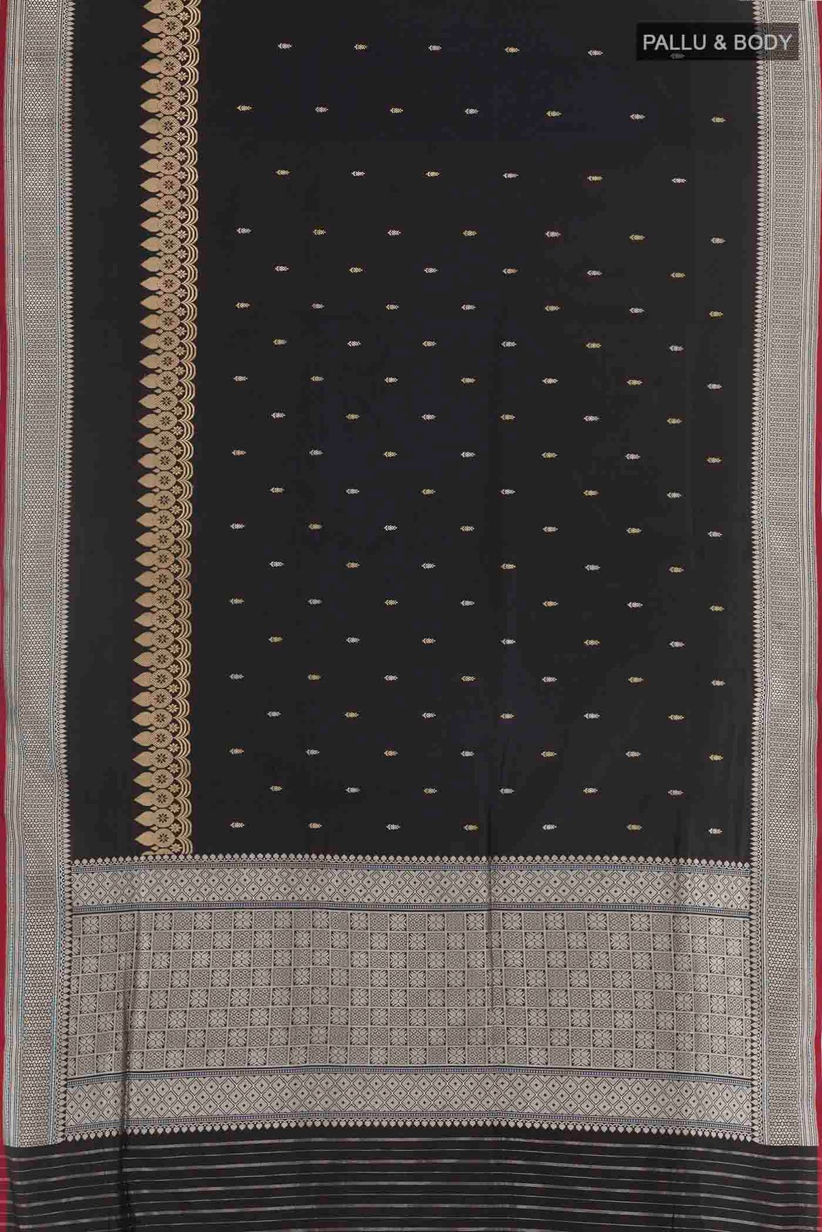 Flat view of Black Banarasi Silk Saree with Zari Butta on the body and Zari Border