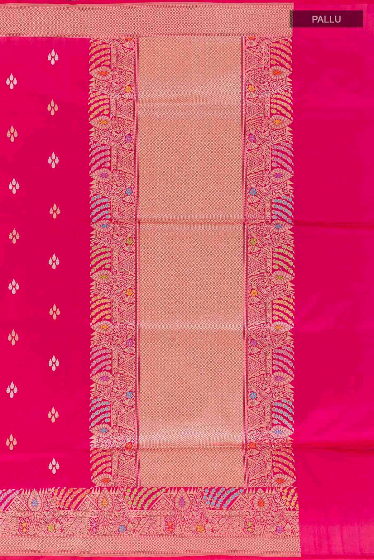 Close up image of the pallu of Pink Banarasi Silk Saree with Zari Butta on the body and Zari Border