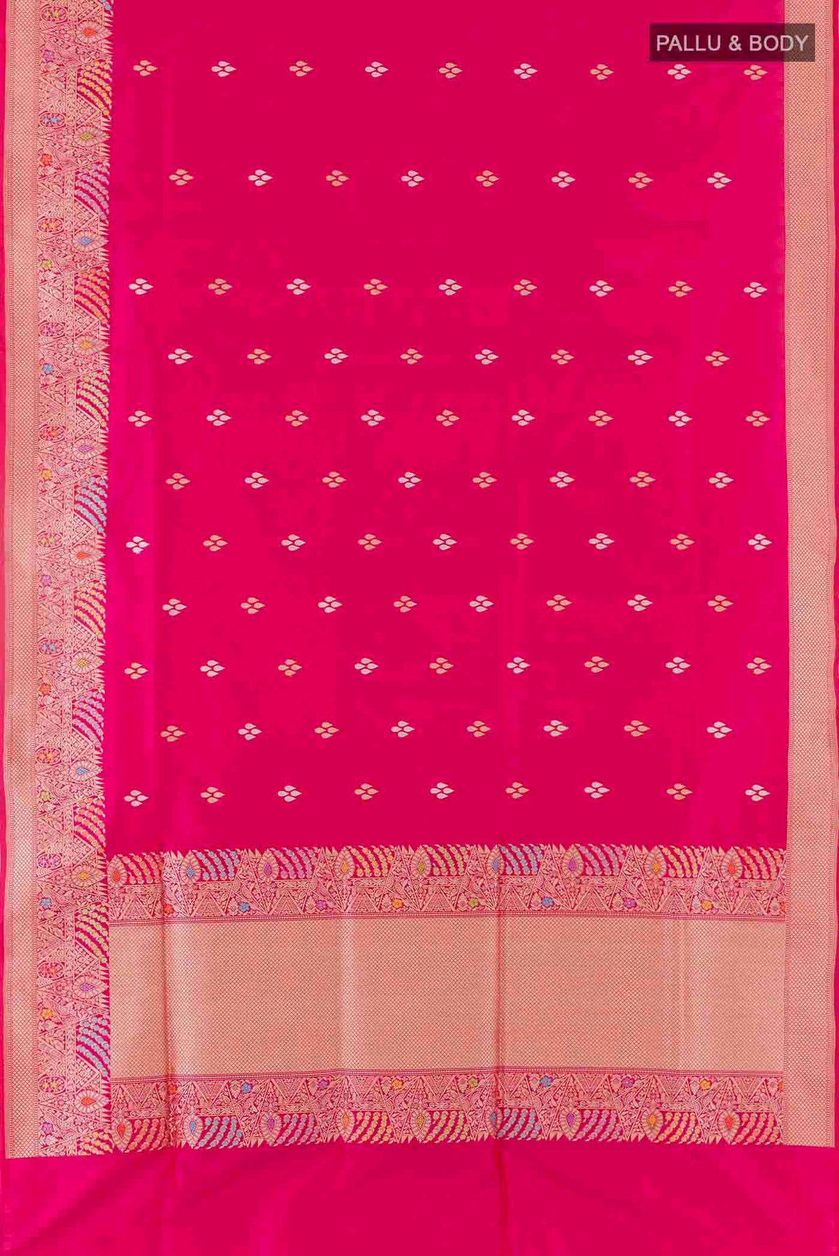 Flat view of Pink Banarasi Silk Saree with Zari Butta on the body and Zari Border