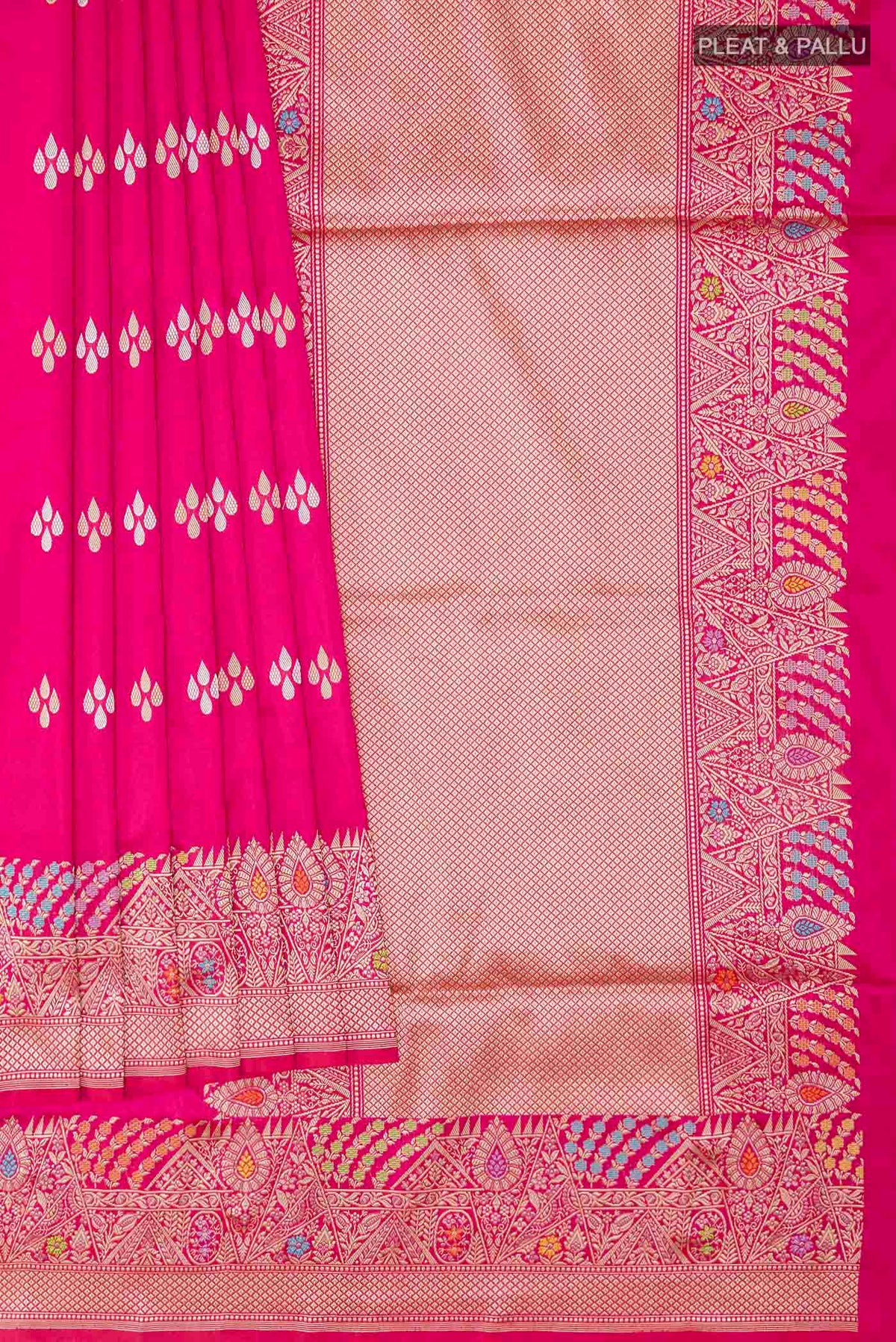 Pleats and pallu of Pink Banarasi Silk Saree with Zari Butta on the body and Zari Border