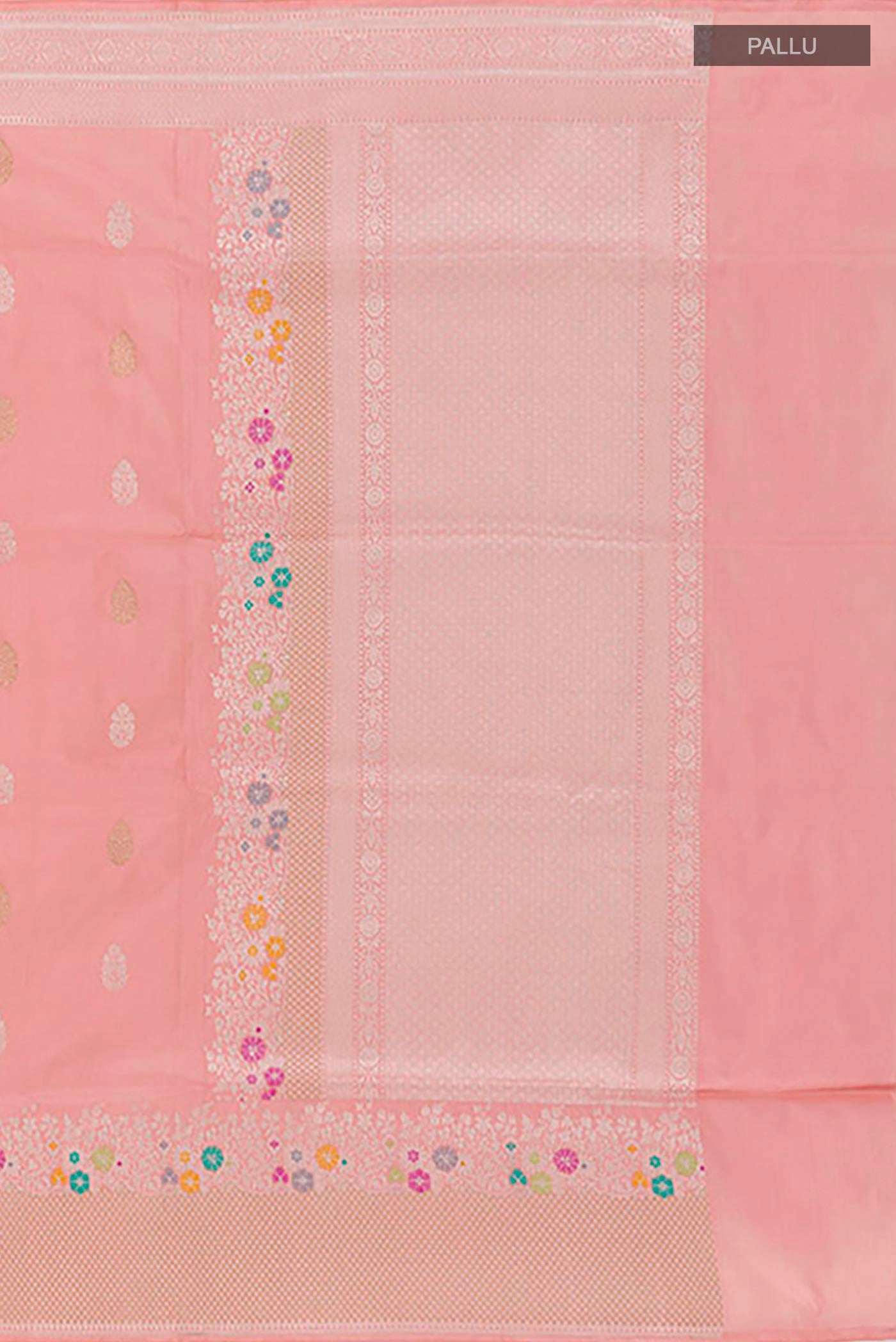 Close up image of the pallu of Rose pink Banarasi Silk Saree with Zari Butta on the body and Zari Border. 