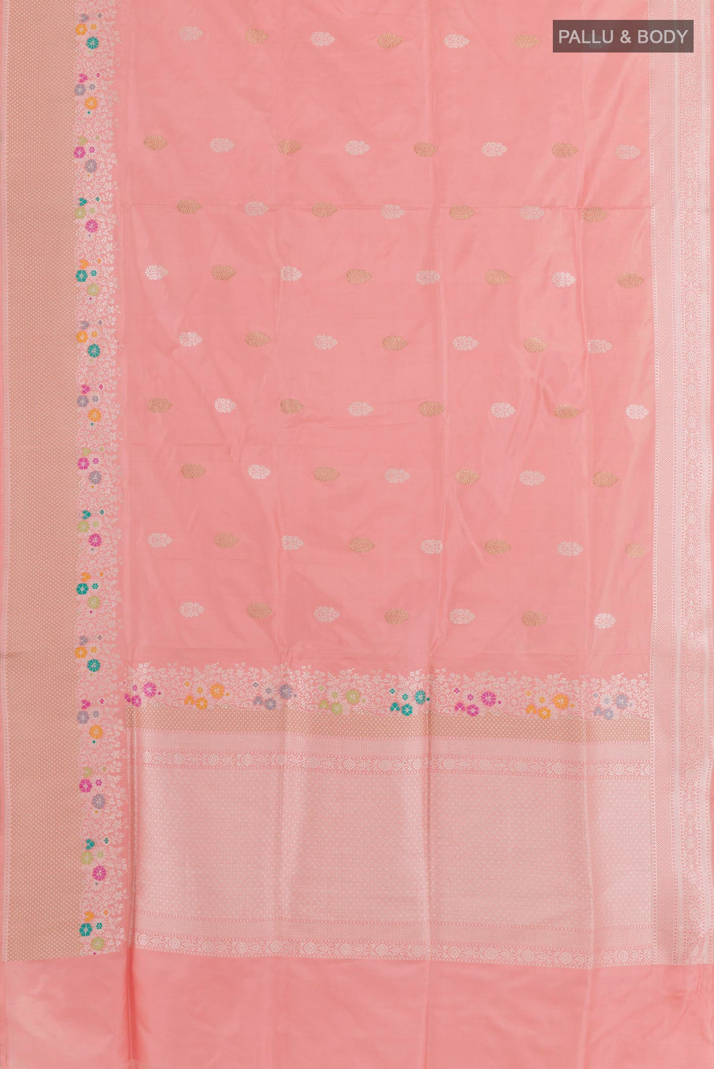 Flat view of Rose pink Banarasi Silk Saree with Zari Butta on the body and Zari Border. 