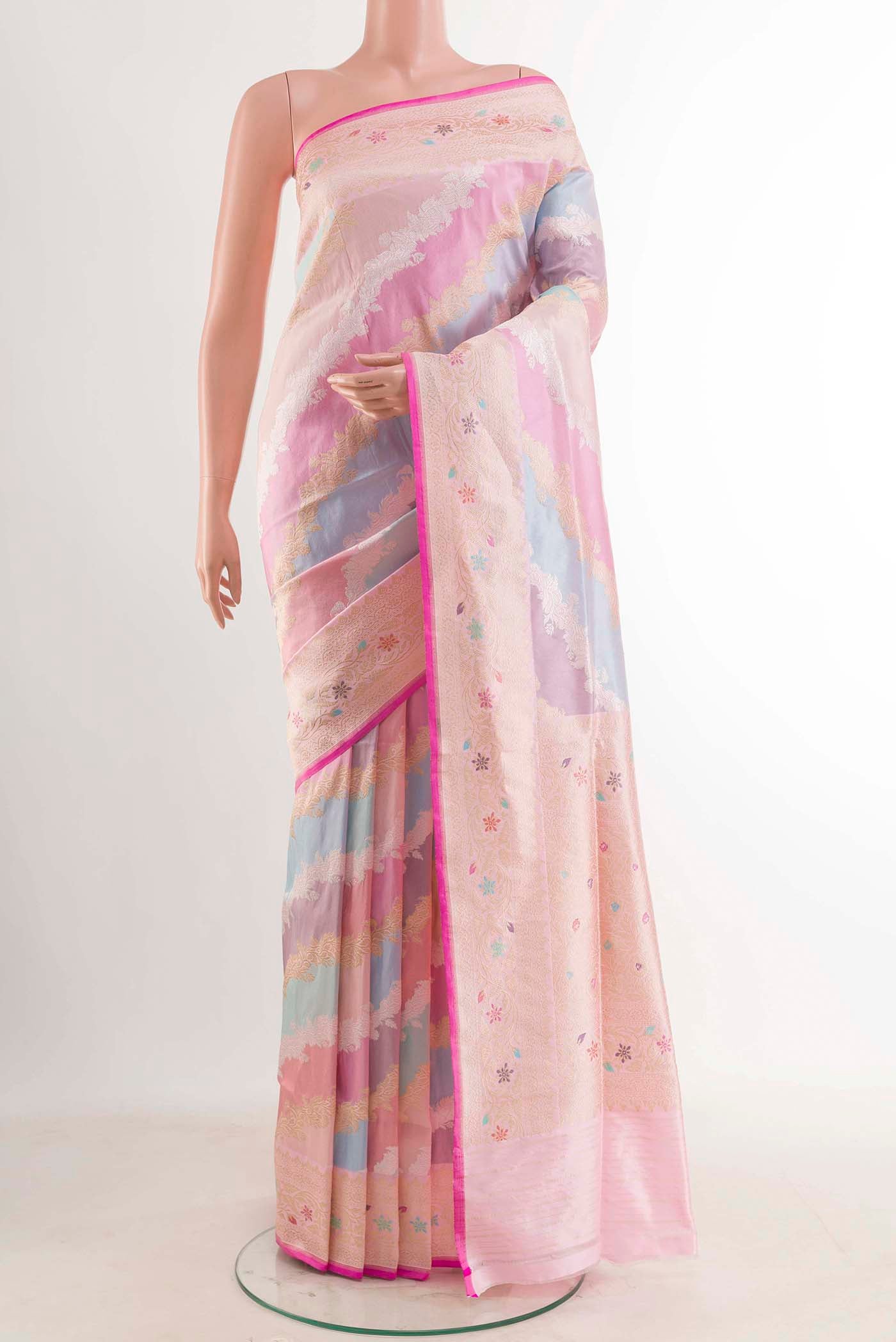 Multi Color Banarasi Silk Saree with Zari Brocade on the body and Zari Border displayed on a mannequin