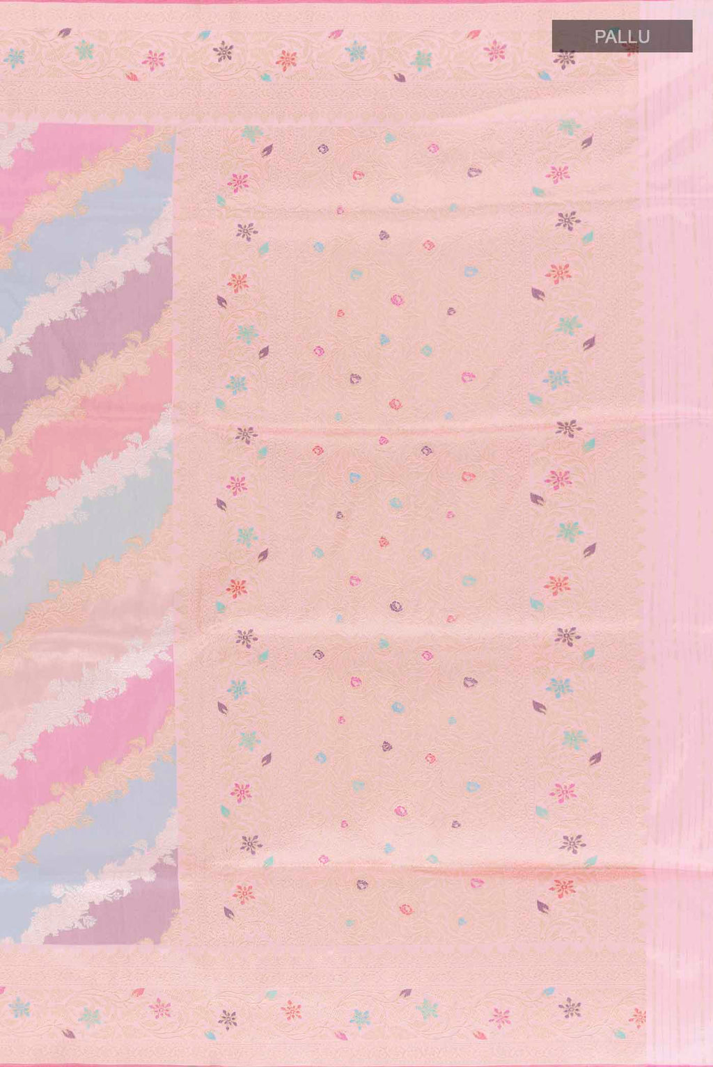 Close up image of the pallu of Multi Color Banarasi Silk Saree with Zari Brocade on the body and Zari Border