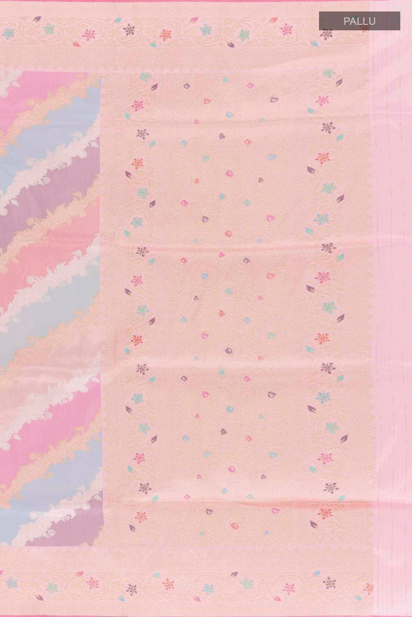 Close up image of the pallu of Multi Color Banarasi Silk Saree with Zari Brocade on the body and Zari Border