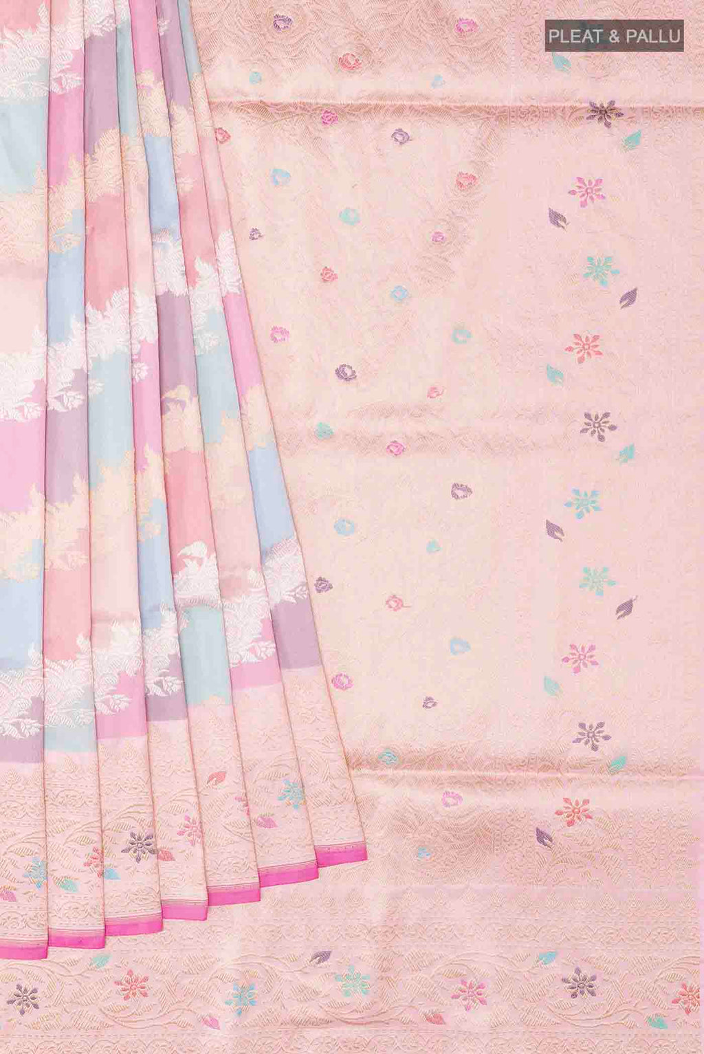 Pleats and pallu of Multi Color Banarasi Silk Saree with Zari Brocade on the body and Zari Border