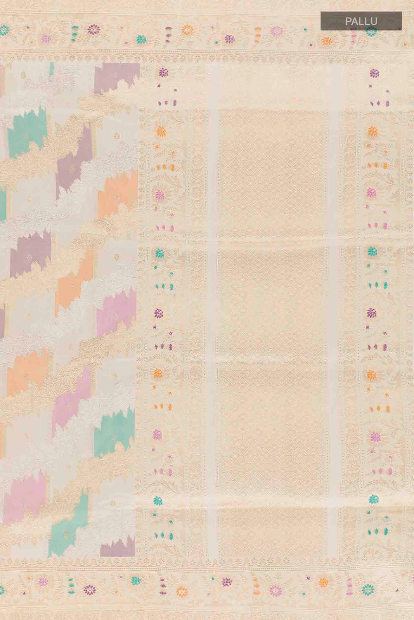 Close up image of the pallu of Off White Banarasi Silk Saree with Zari Brocade on the body and Zari Border