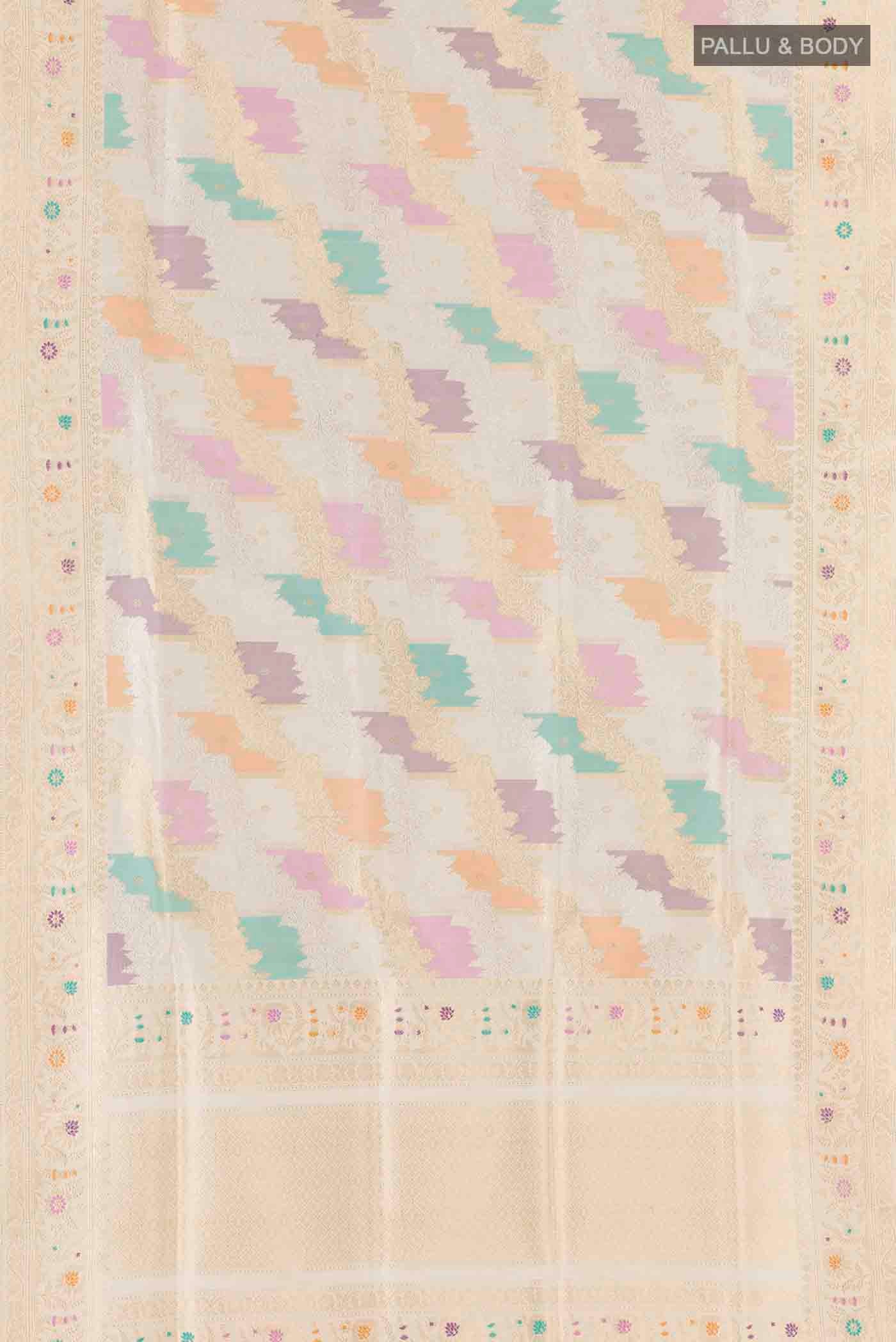 Flat view of Off White Banarasi Silk Saree with Zari Brocade on the body and Zari Border