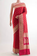 Red Banarasi Silk Saree with Zari Brocade on the body and Zari Border.  displayed on a mannequin