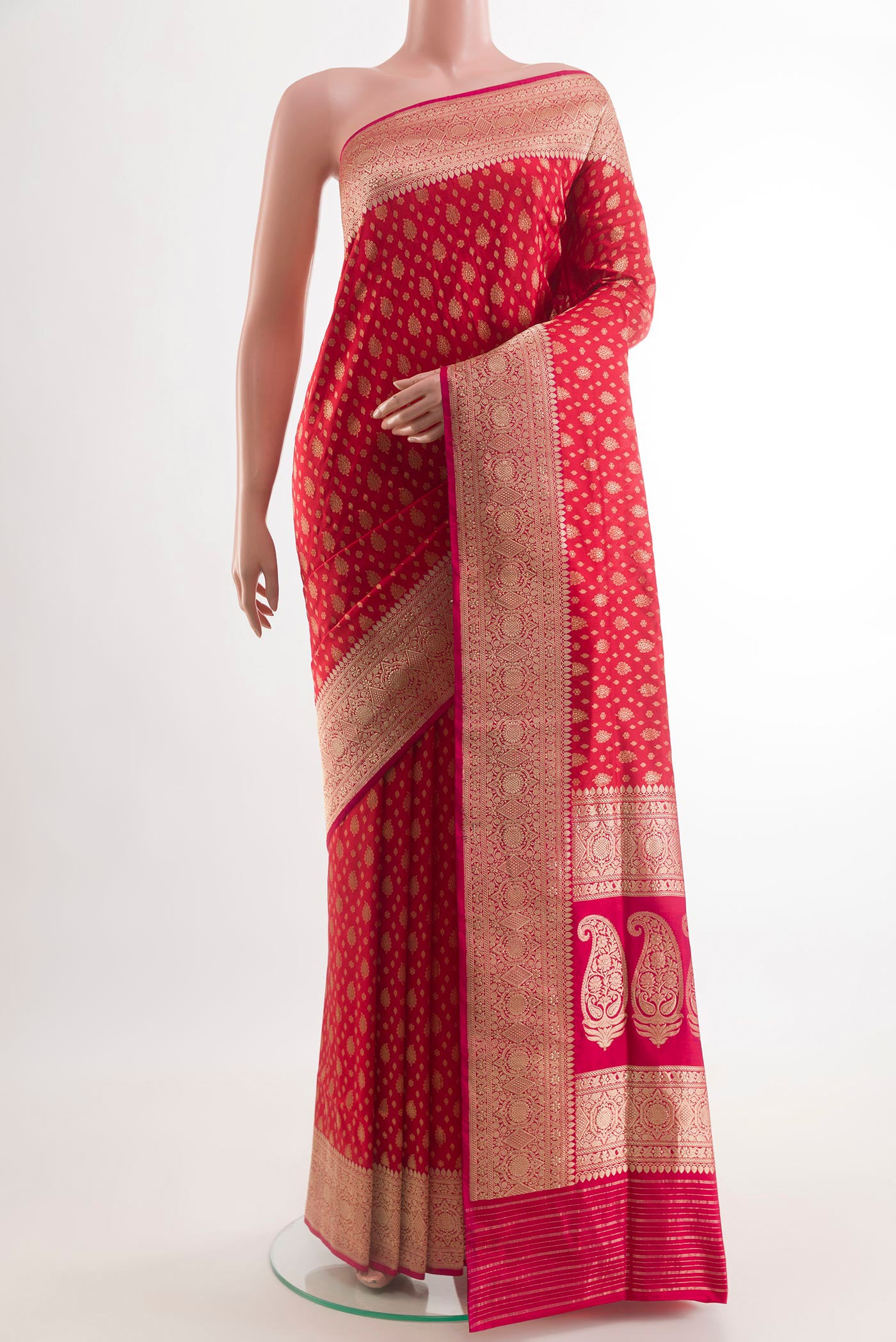 Red Banarasi Silk Saree with Zari Brocade on the body and Zari Border.  displayed on a mannequin