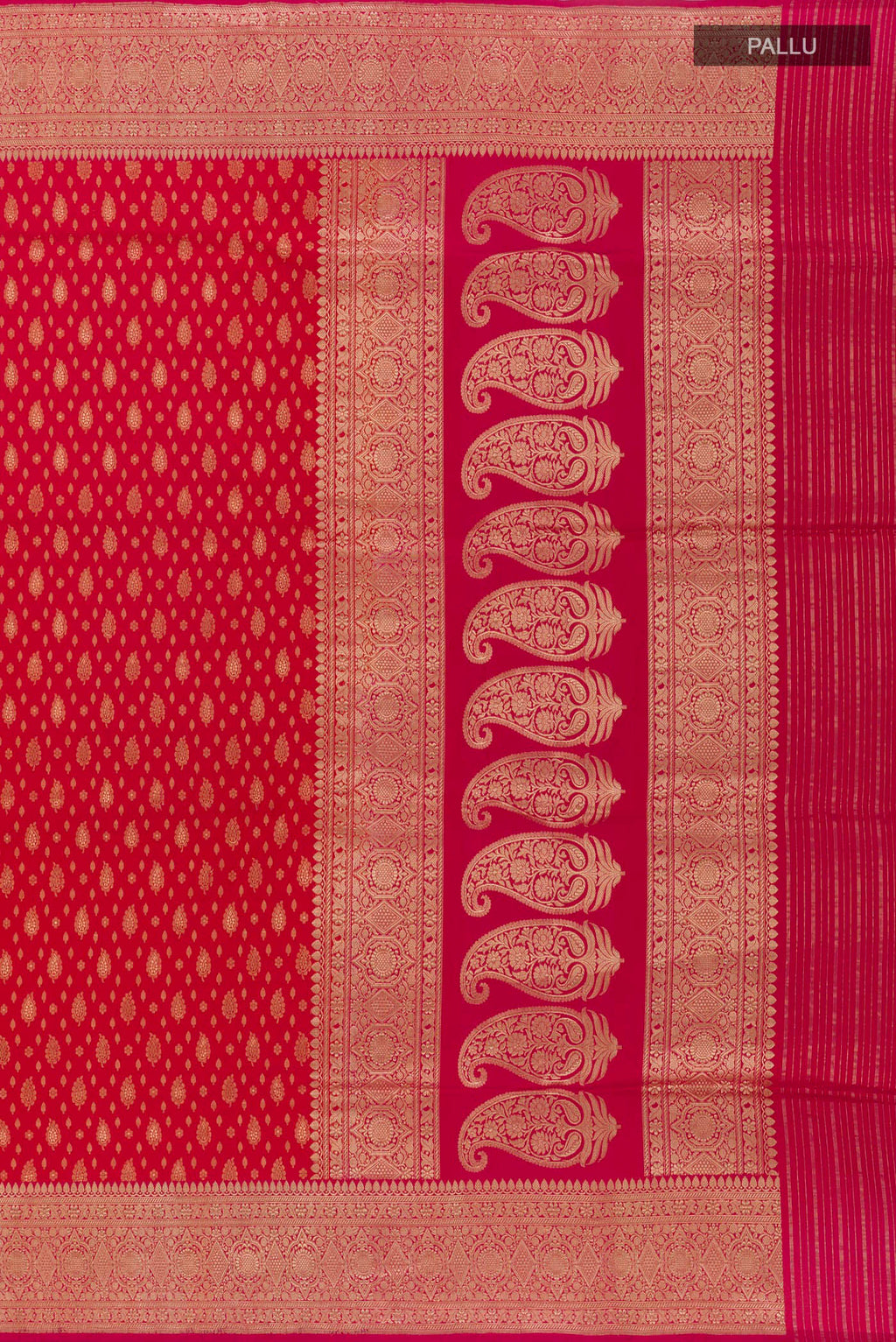 Close up image of the pallu of Red Banarasi Silk Saree with Zari Brocade on the body and Zari Border. 