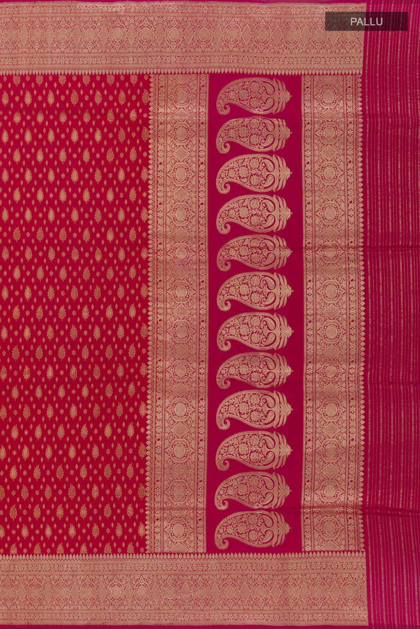 Close up image of the pallu of Red Banarasi Silk Saree with Zari Brocade on the body and Zari Border. 