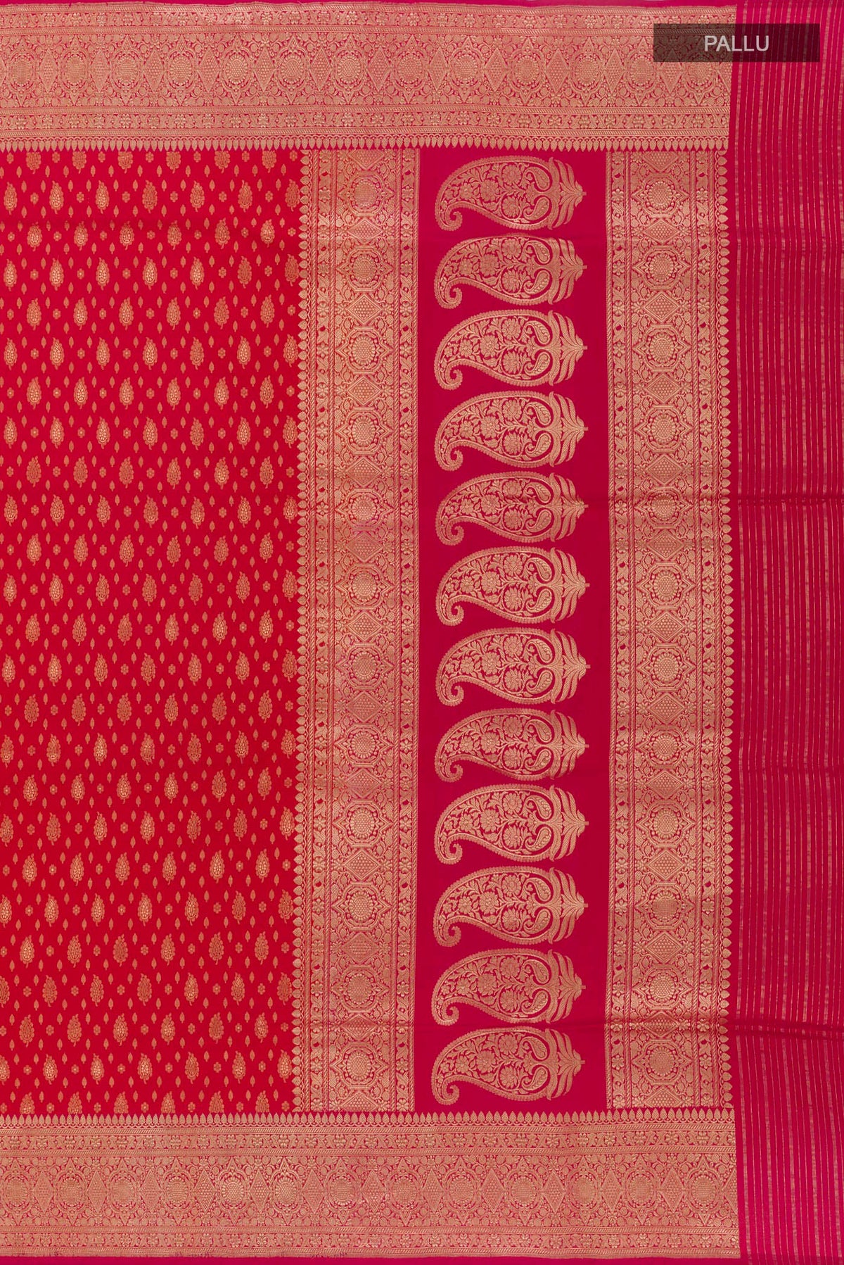 Close up image of the pallu of Red Banarasi Silk Saree with Zari Brocade on the body and Zari Border. 