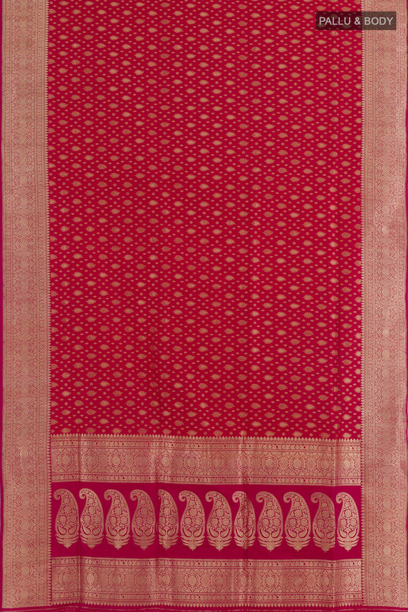 Flat view of Red Banarasi Silk Saree with Zari Brocade on the body and Zari Border. 