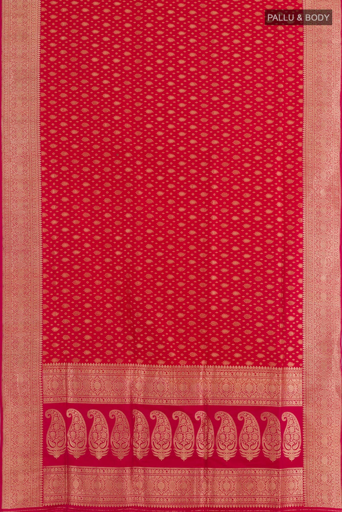 Flat view of Red Banarasi Silk Saree with Zari Brocade on the body and Zari Border. 
