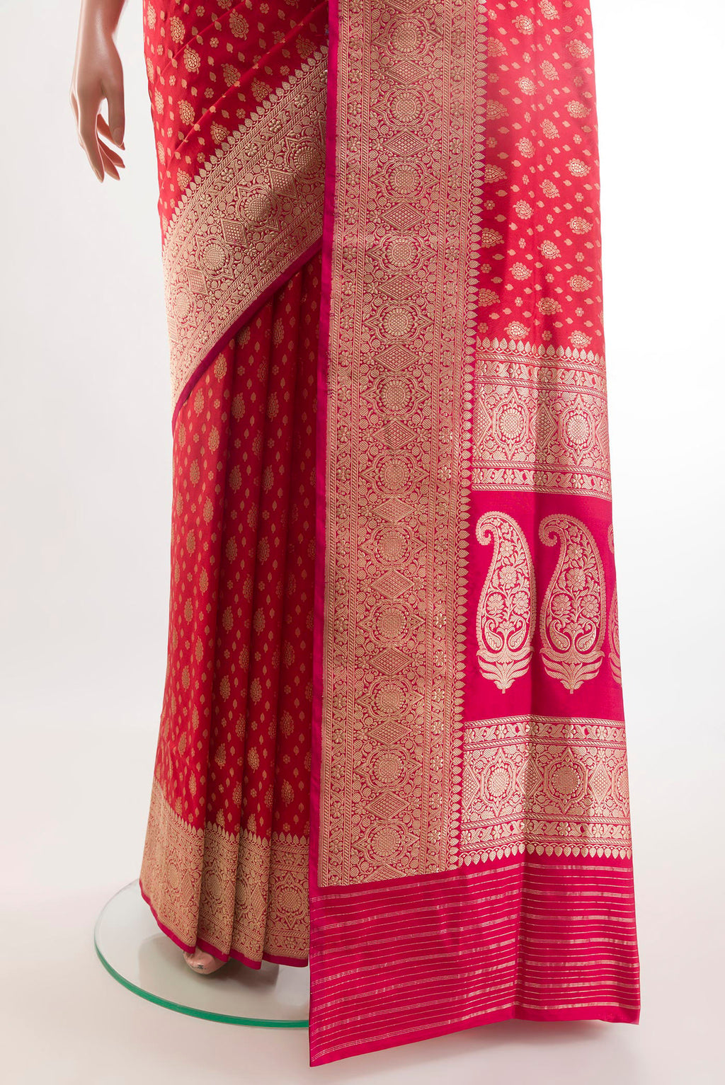 Pleats and pallu of Red Banarasi Silk Saree with Zari Brocade on the body and Zari Border. 