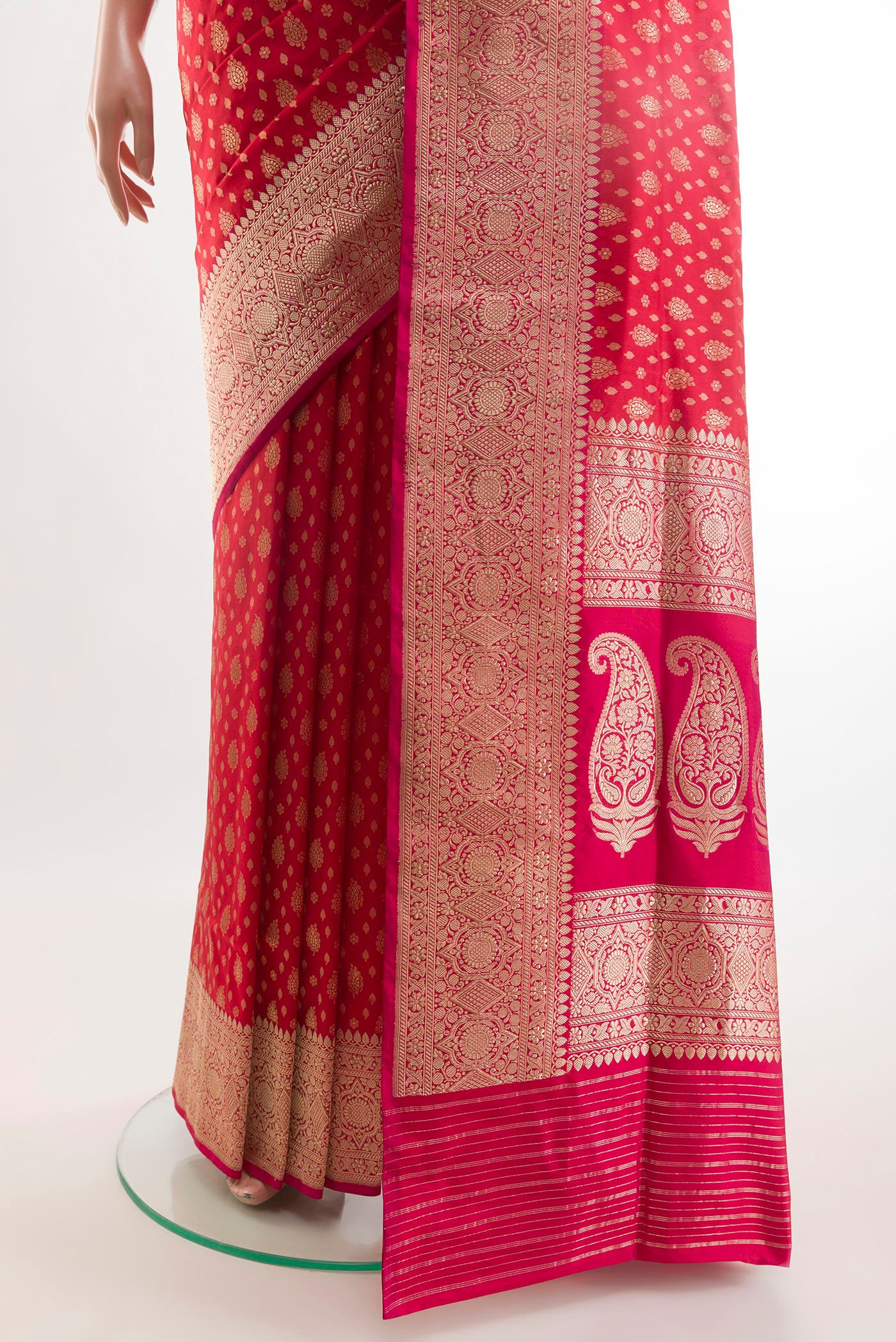 Pleats and pallu of Red Banarasi Silk Saree with Zari Brocade on the body and Zari Border. 