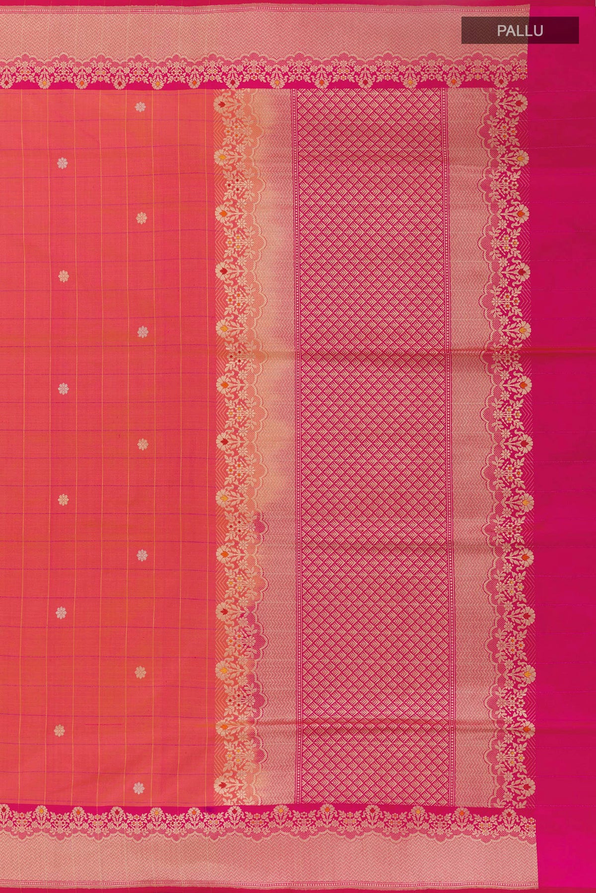 Close up image of the pallu of Multi Color Banarasi Silk Saree with Checked design on the body and Zari Border. 