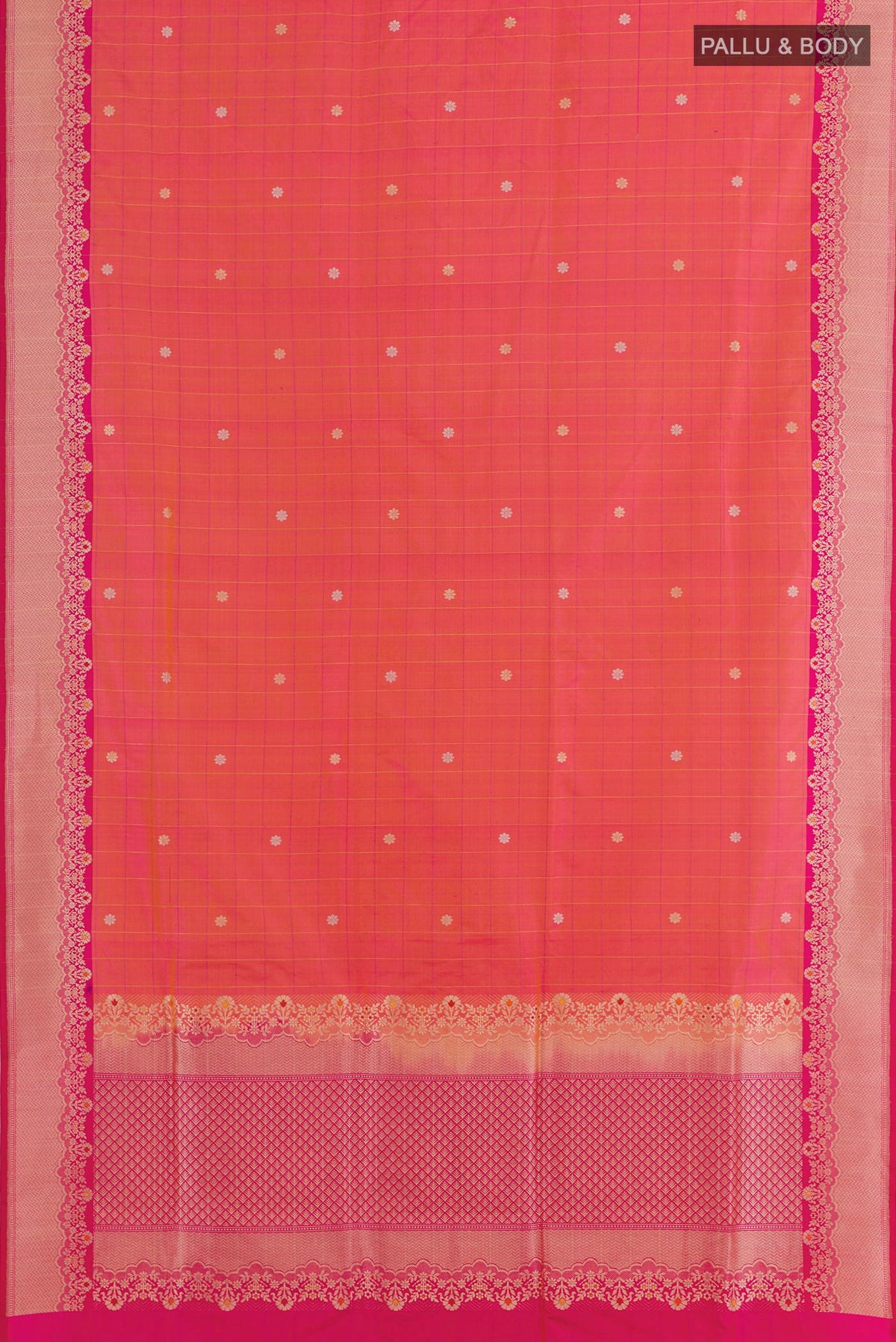 Flat view of Multi Color Banarasi Silk Saree with Checked design on the body and Zari Border. 