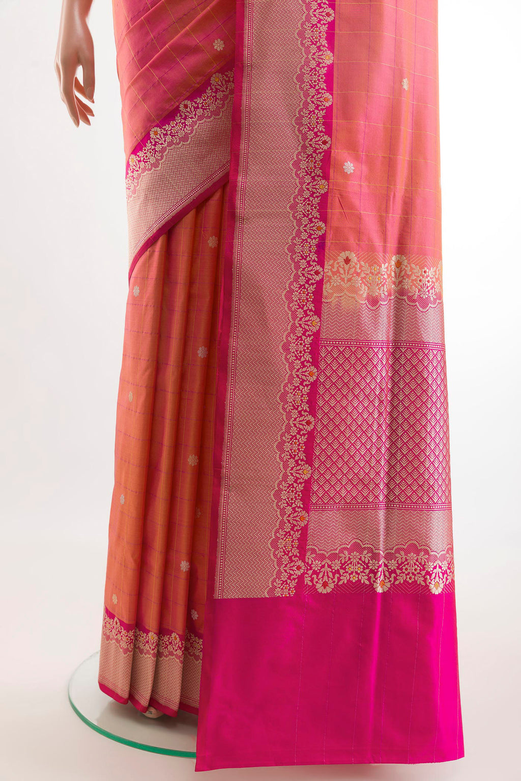 Pleats and pallu of Multi Color Banarasi Silk Saree with Checked design on the body and Zari Border. 
