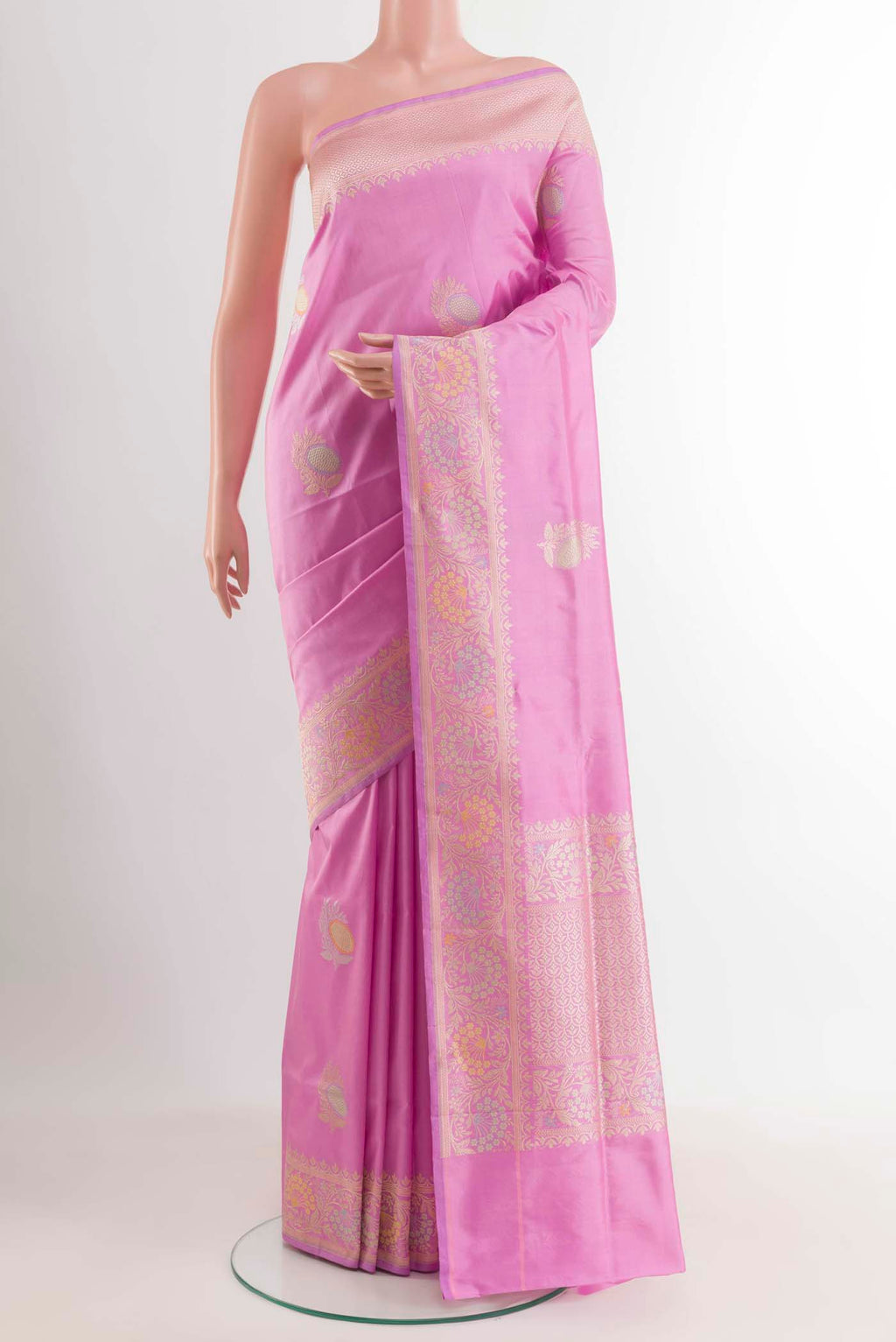 Lavender Banarasi Silk Saree with Zari Butta on the body and Zari Border displayed on a mannequin