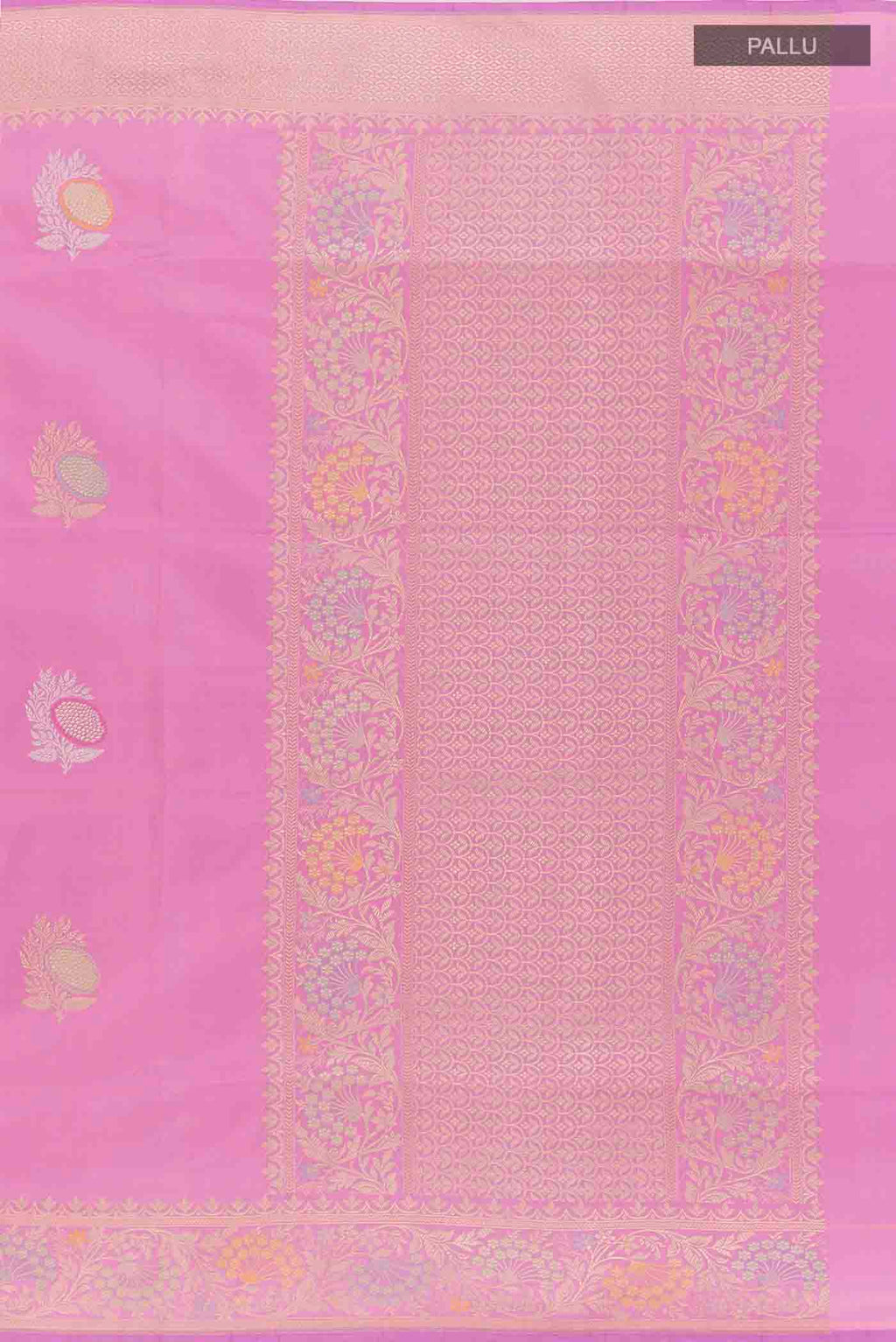 Close up image of the pallu of Lavender Banarasi Silk Saree with Zari Butta on the body and Zari Border