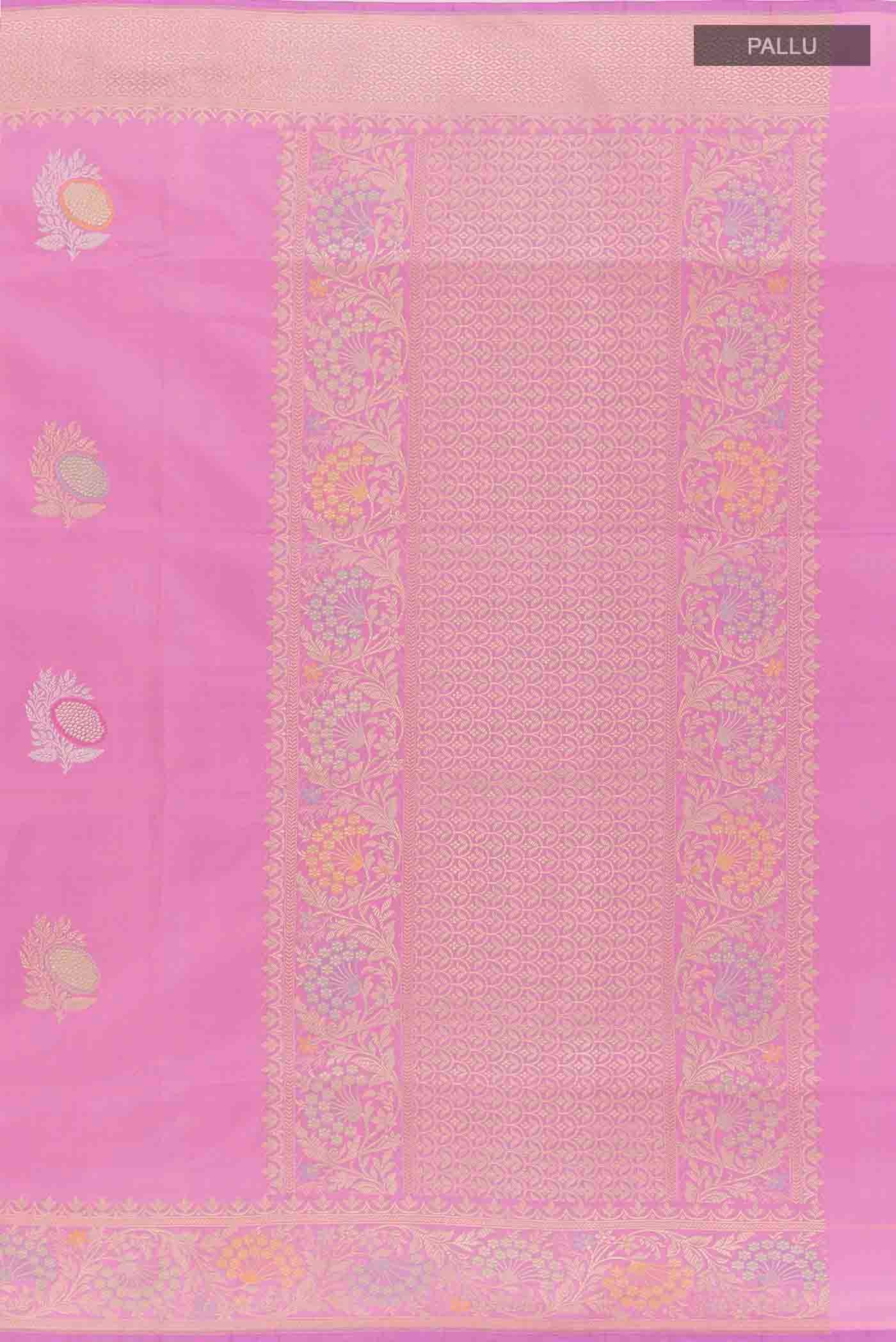 Close up image of the pallu of Lavender Banarasi Silk Saree with Zari Butta on the body and Zari Border