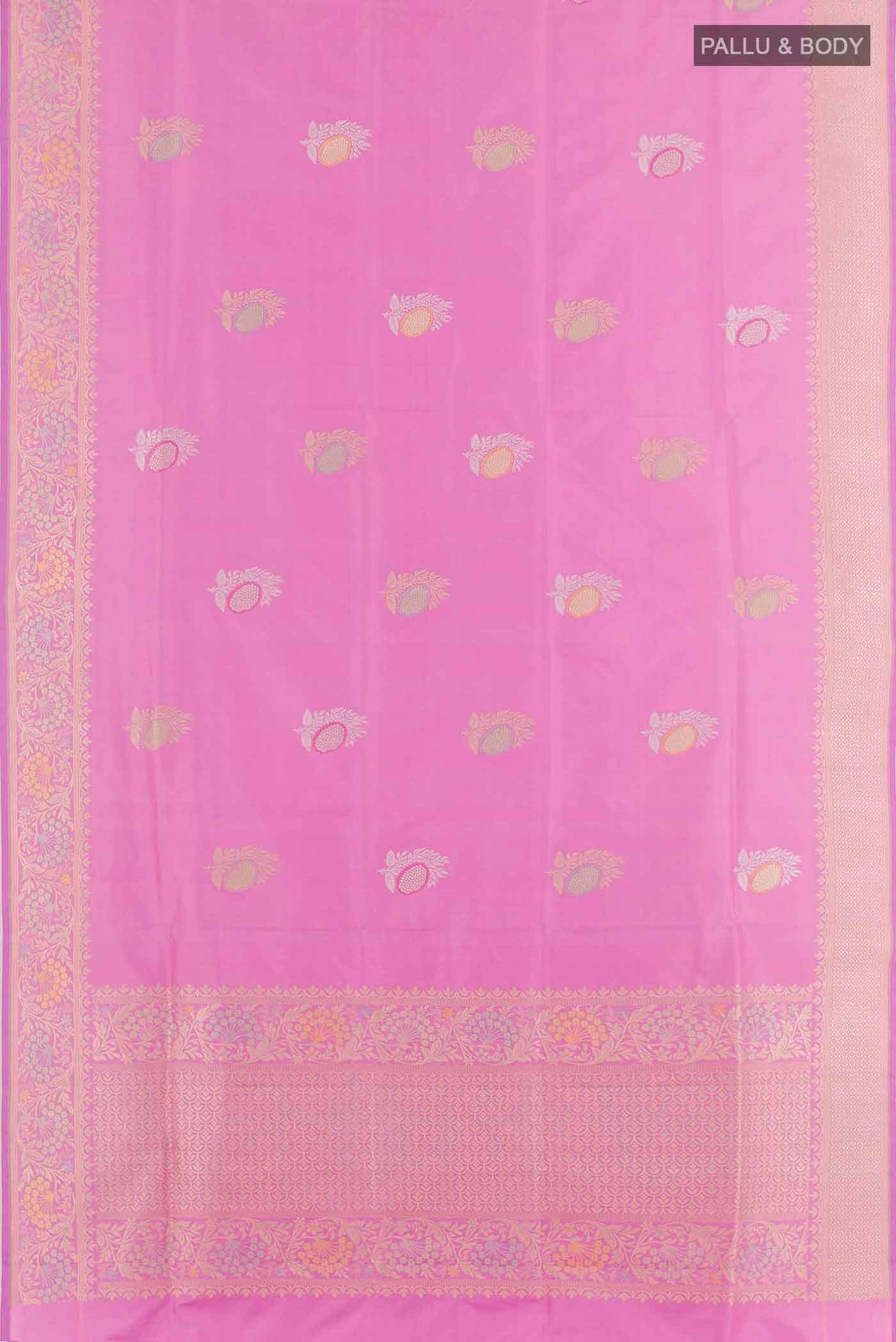 Flat view of Lavender Banarasi Silk Saree with Zari Butta on the body and Zari Border