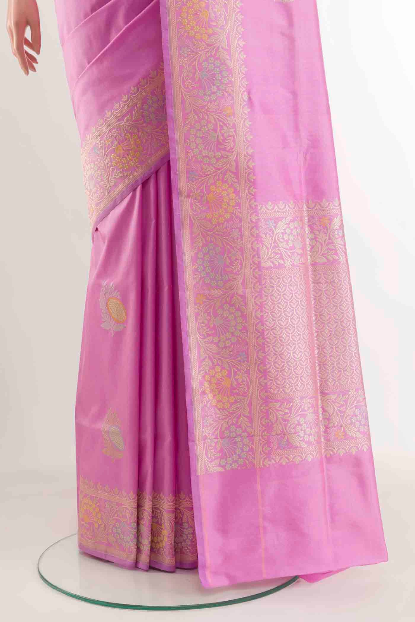 Pleats and pallu of Lavender Banarasi Silk Saree with Zari Butta on the body and Zari Border