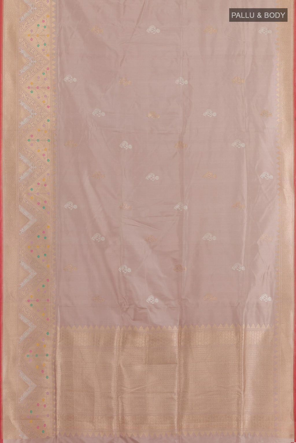 Flat view of Beige Banarasi Silk Saree with Zari Butta on the body and Zari Border. 
